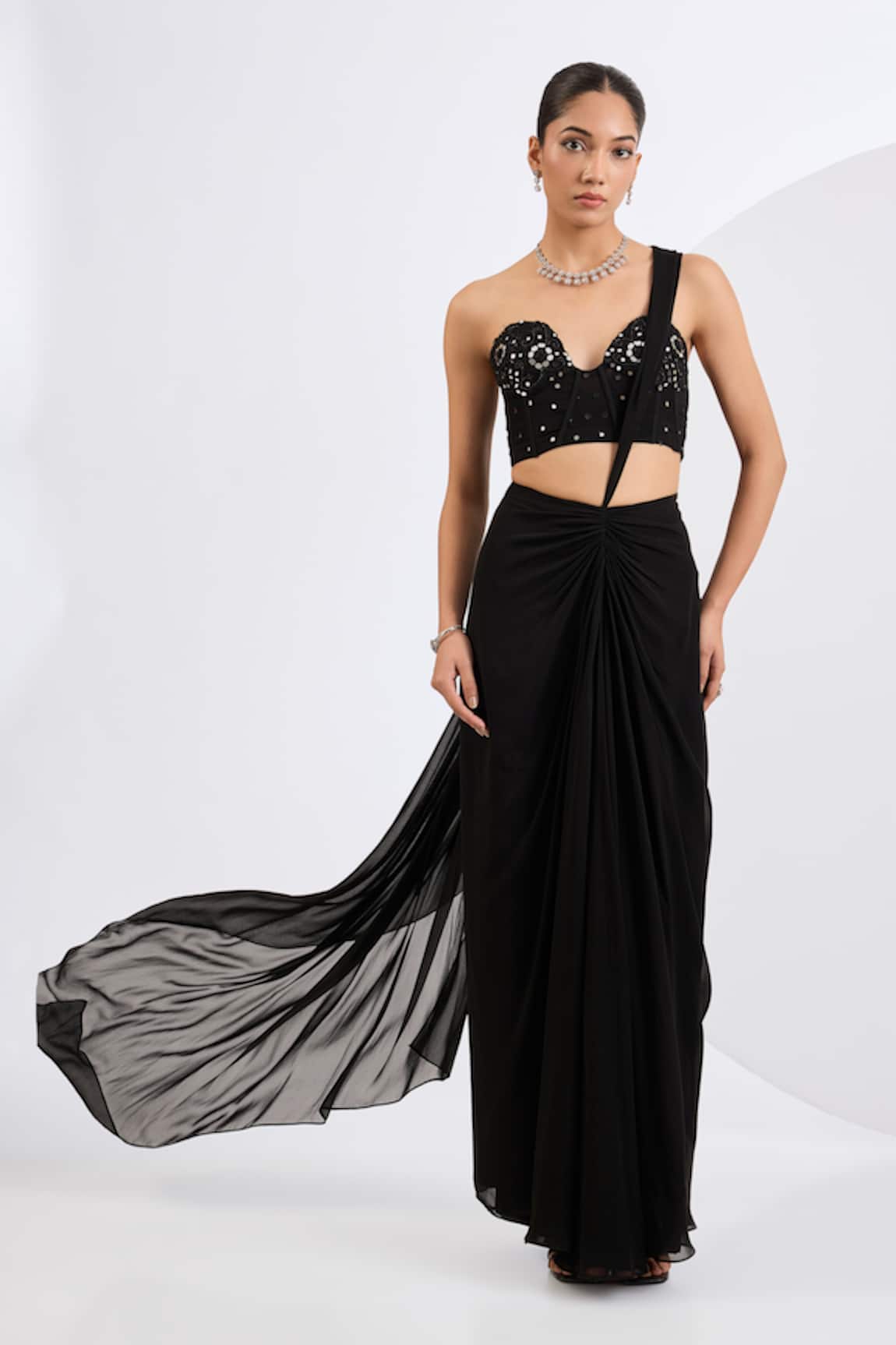 Neha Khullar Black Cutdana Embellished Pre-Draped Saree Set 