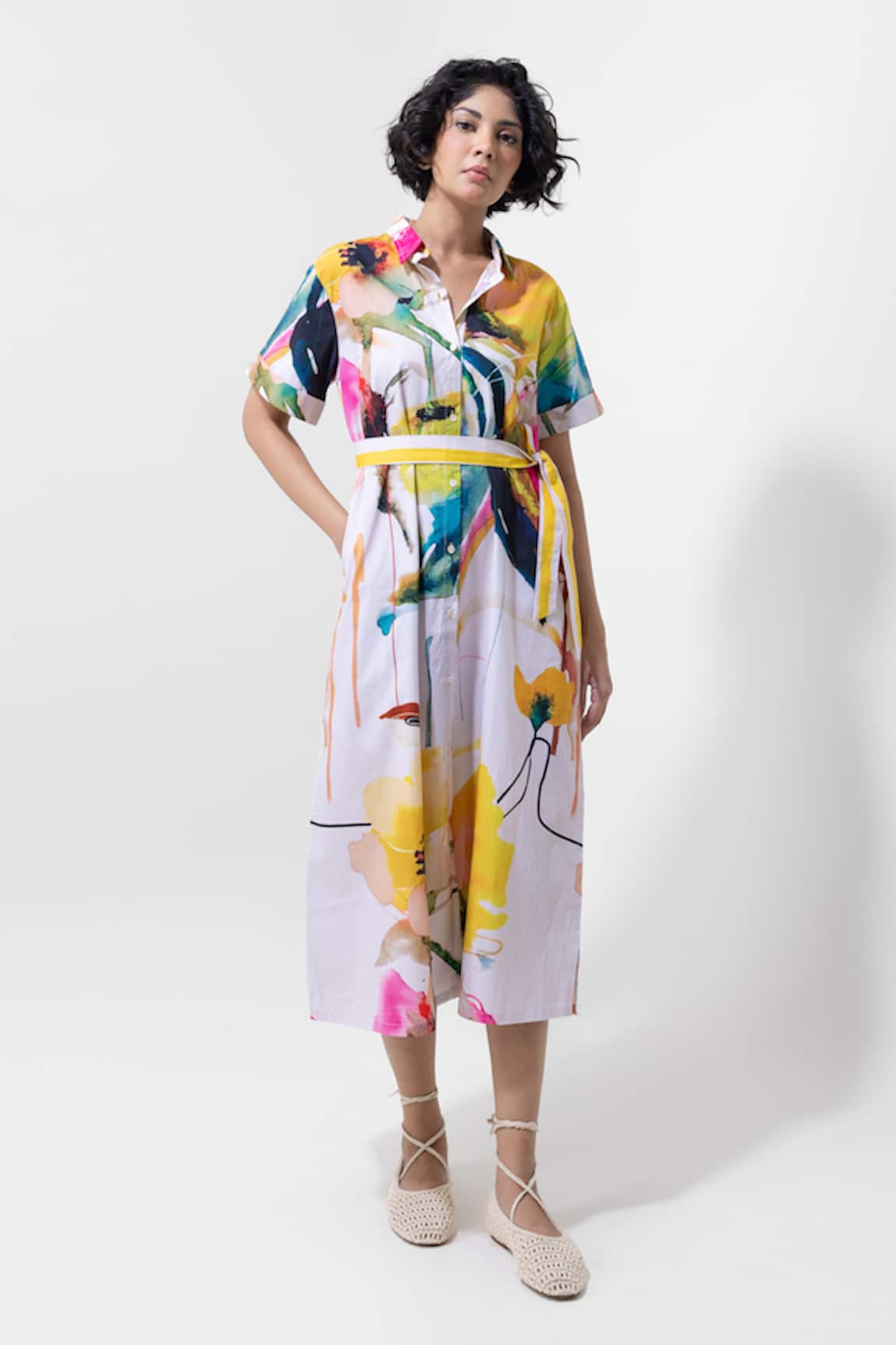 Pop Sugar Multi Colour Printed Midi Dress With Belt 