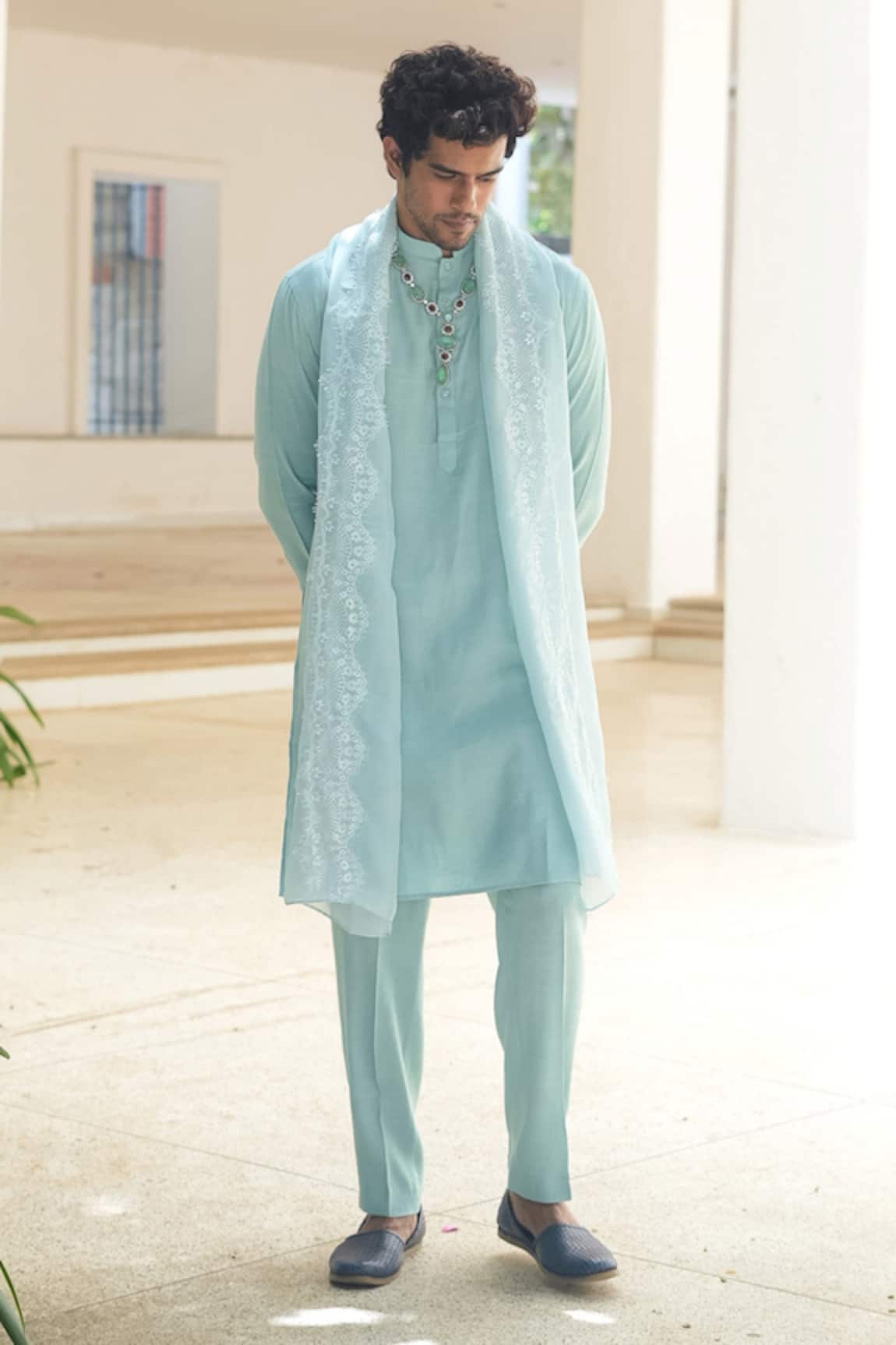Pooja Bagaria Powder Blue Cotton Linen Kurta Set 