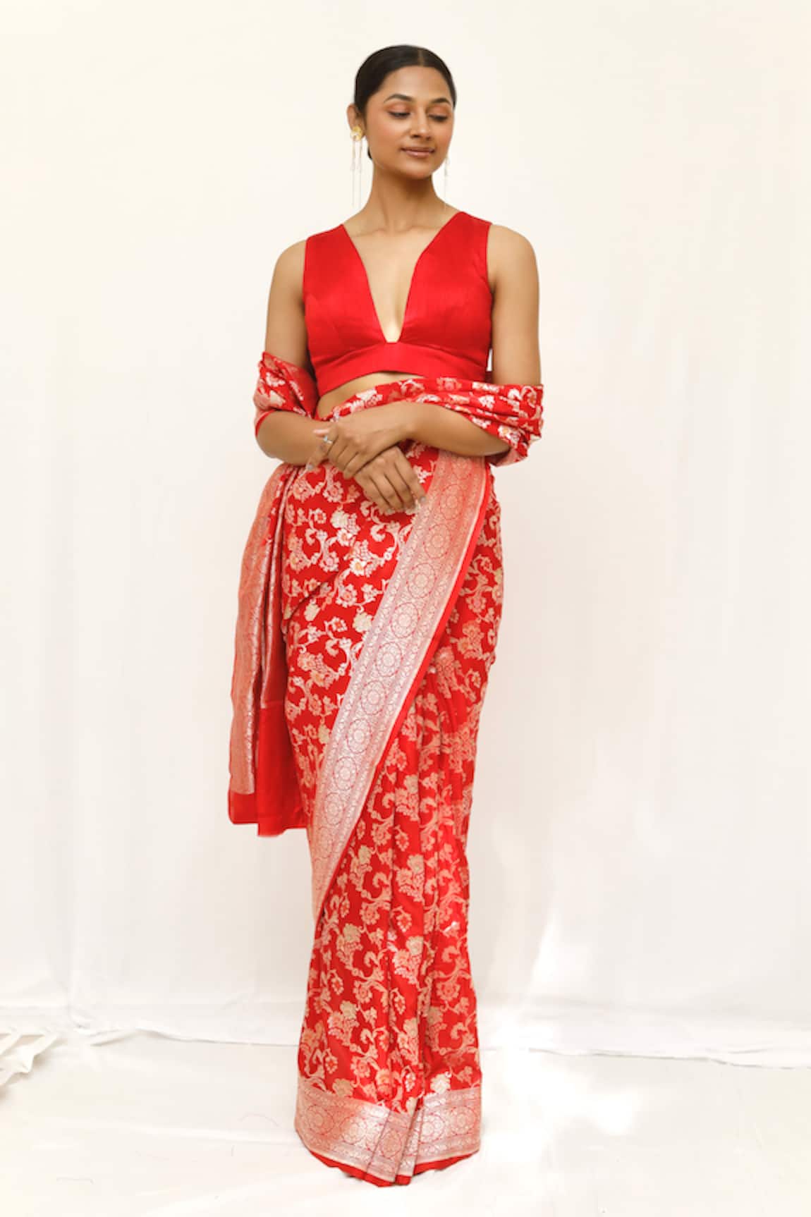 Neha & Tarun Designer Red Silk Saree with Blouse Piece 