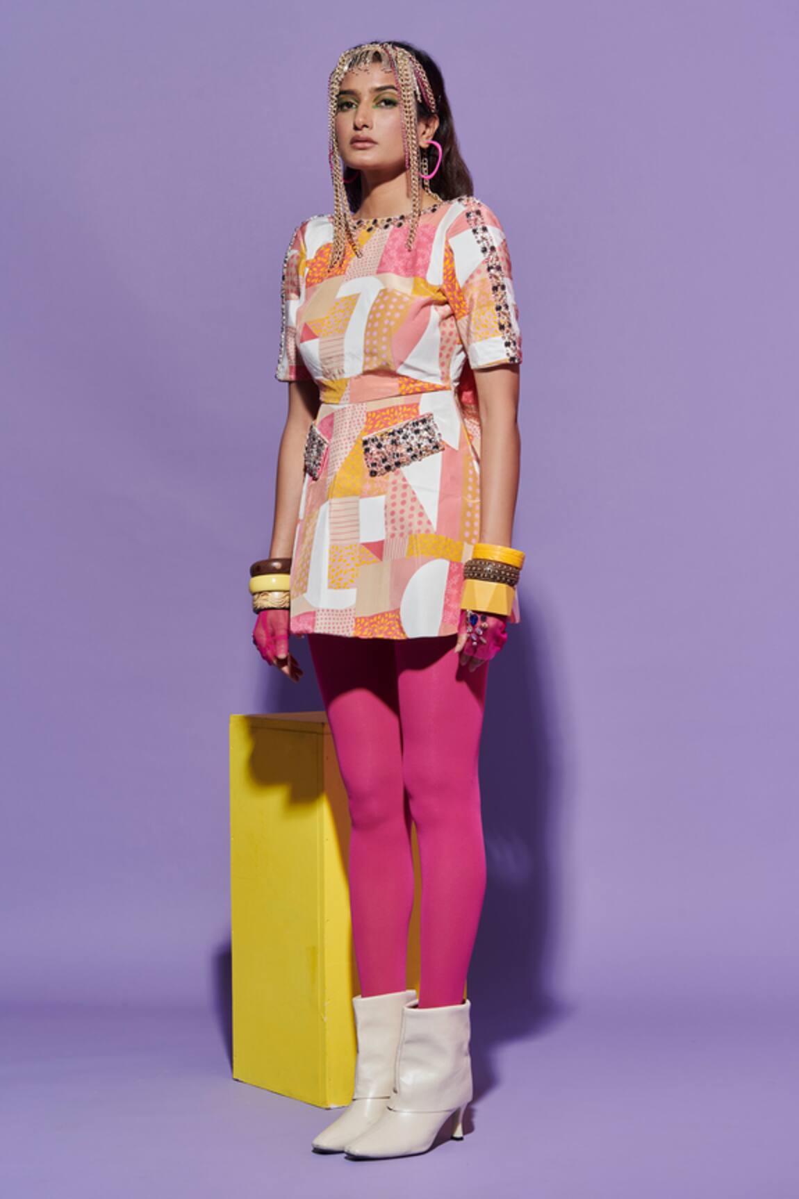 Esha L Amin Geometric Print Embroidered Dress 