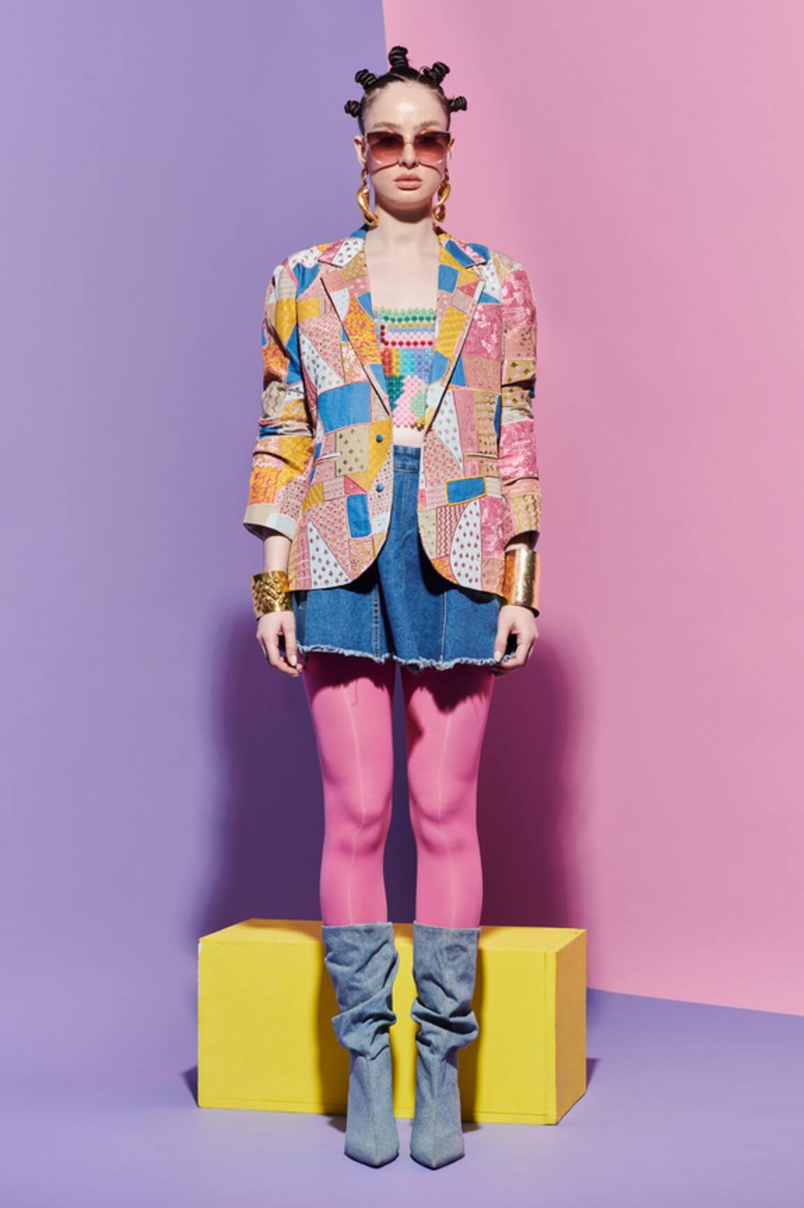 Esha L Amin Embroidered Geometric Print Denim Blazer