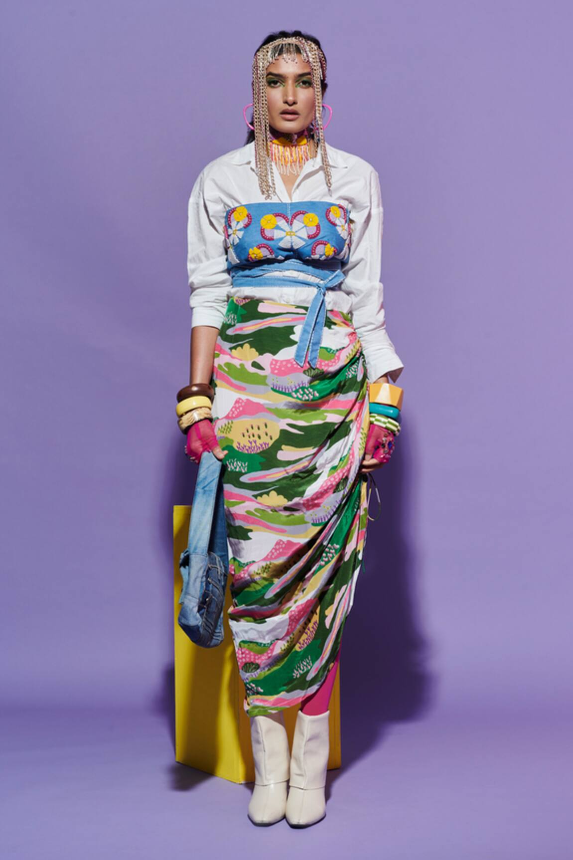 Esha L Amin Ruched Sarong Skirt in Scenery Print 