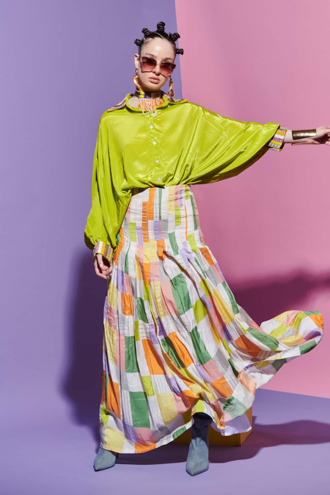 Esha L Amin Neon Green Embroidered Collar Shirt 