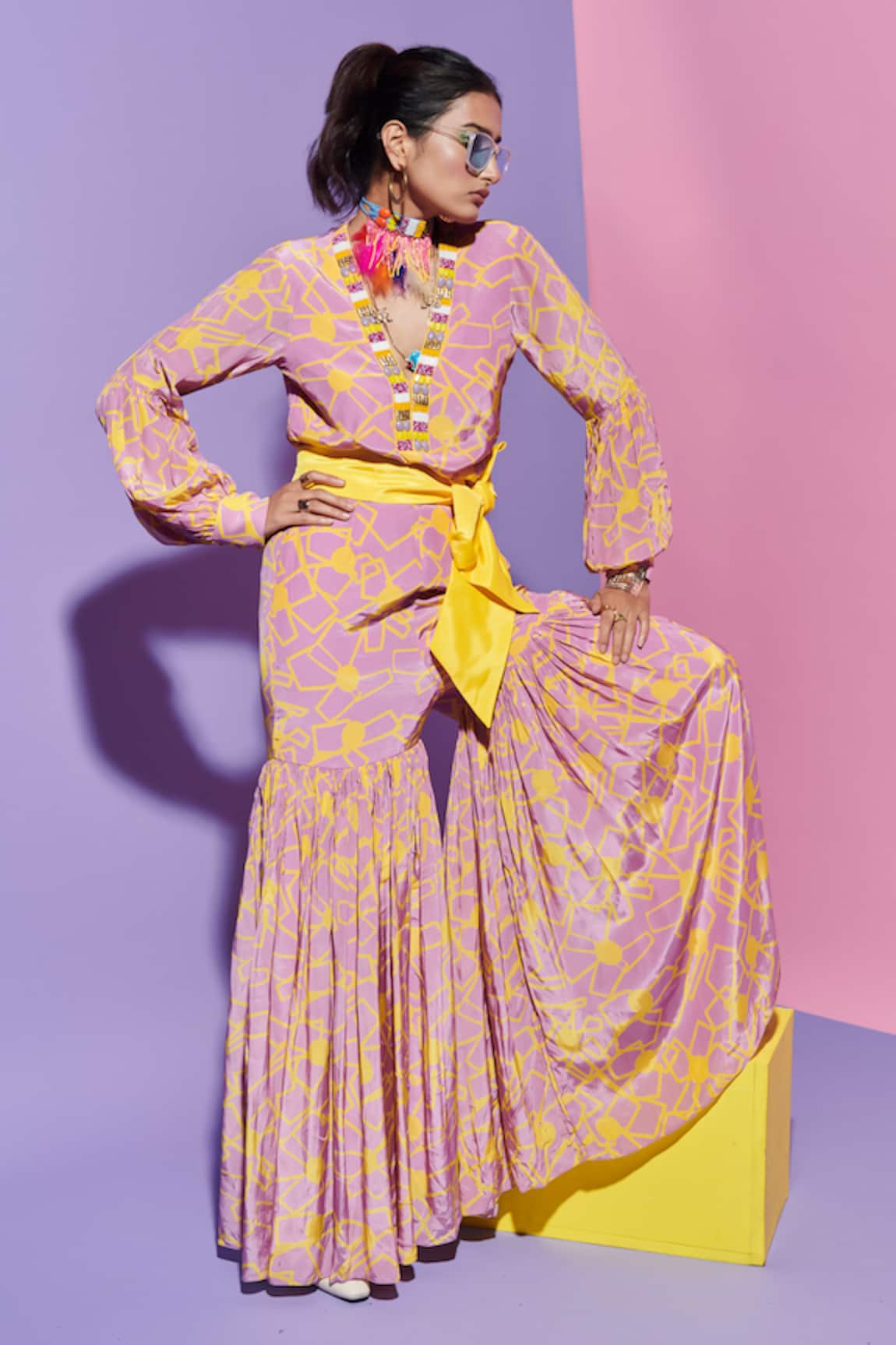Esha L Amin Fan Print Top With Embroidered Neckline 