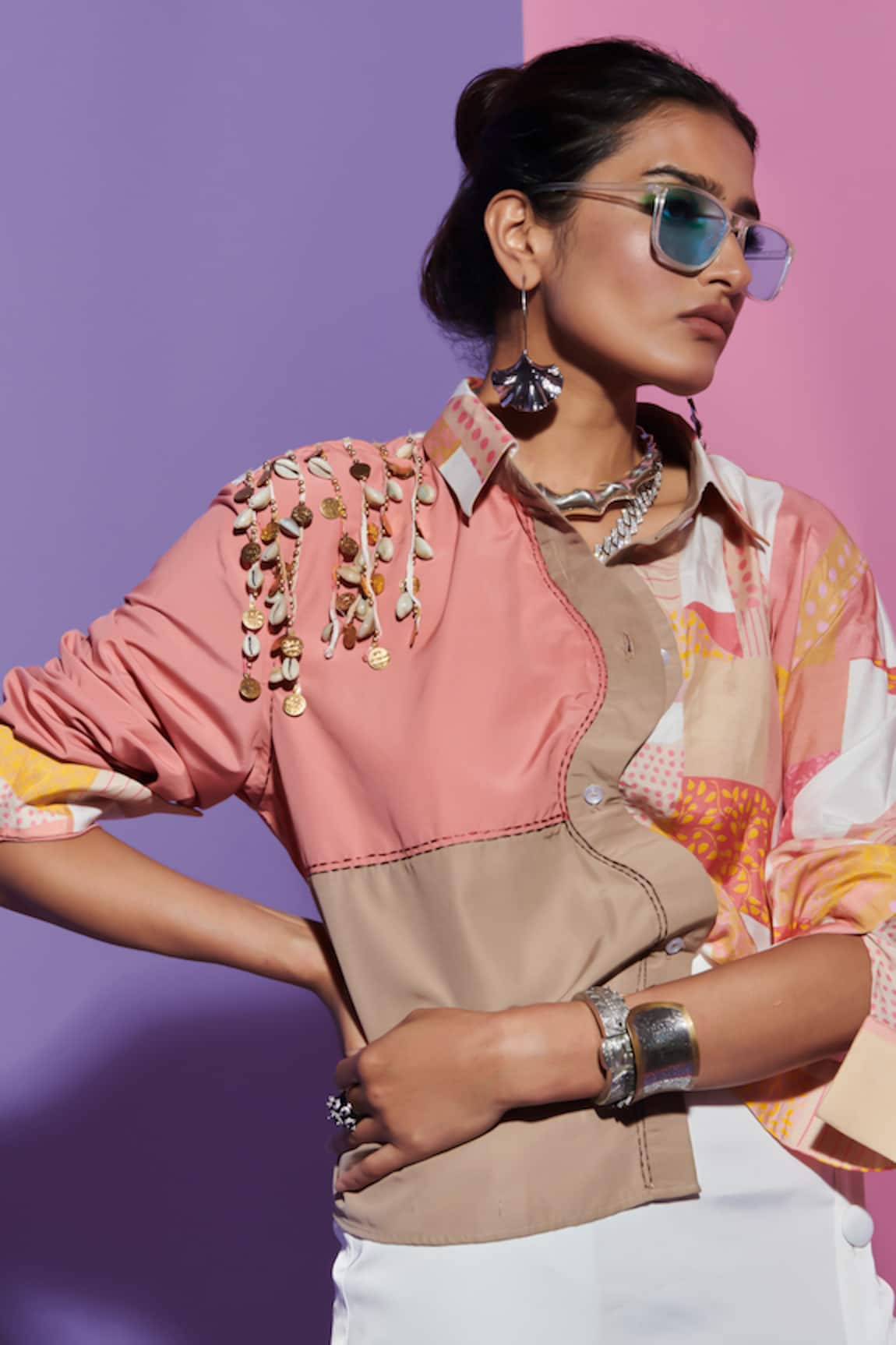 Esha L Amin Wavy Placket Geometric Print Shirt 