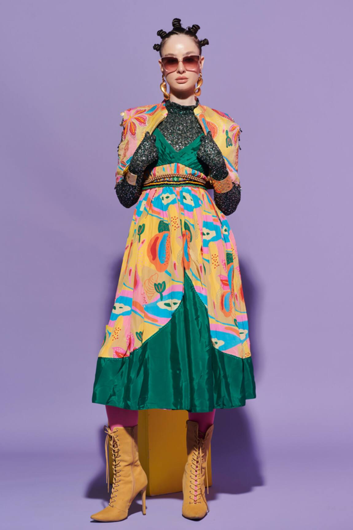 Esha L Amin Sleeveless Croissant Print Dress 