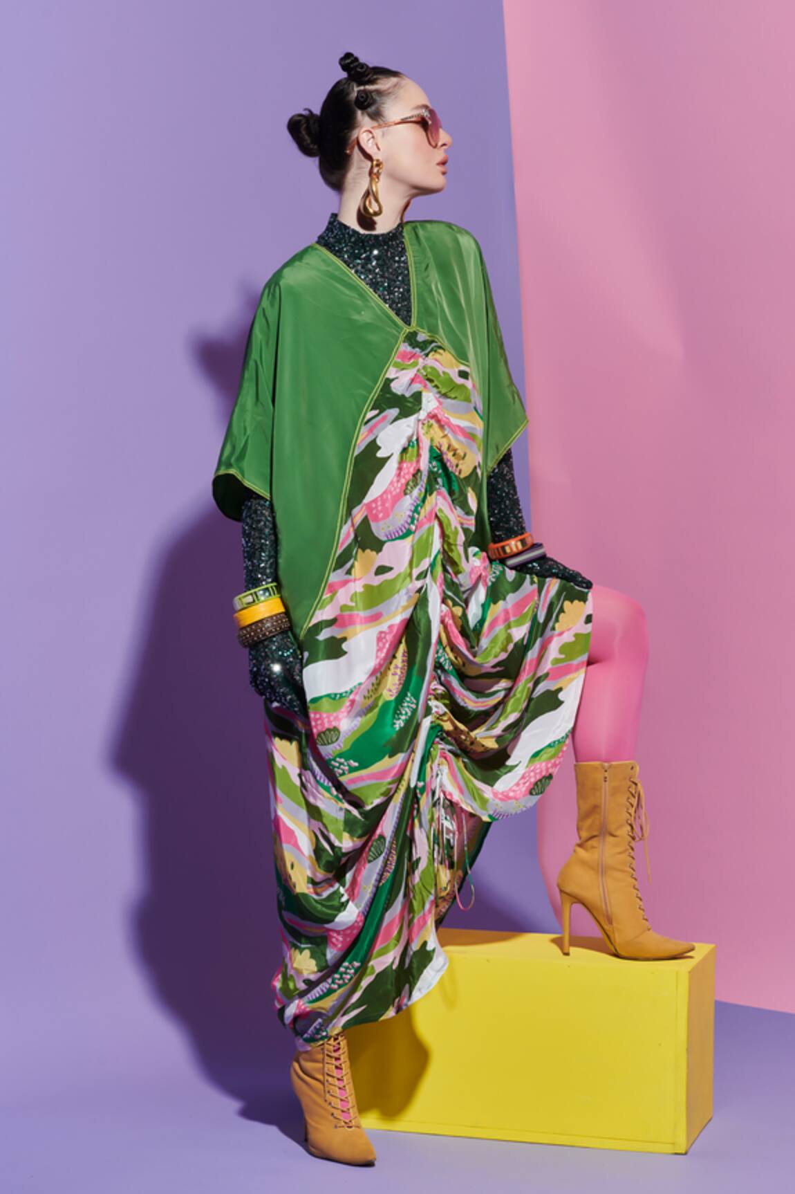 Esha L Amin Dark Green Scenery Print Kaftan Dress 