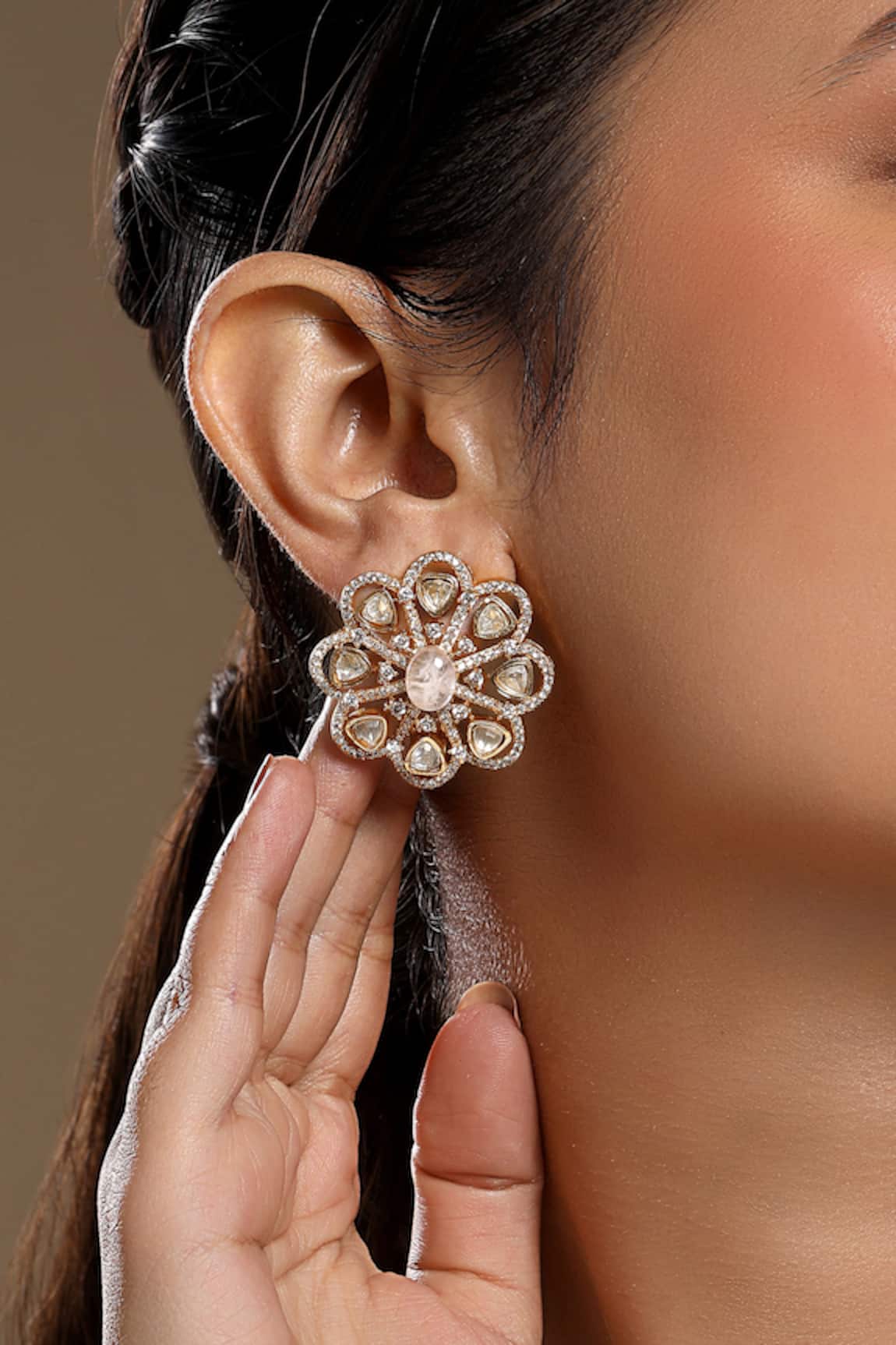 HRISHA Designer Kundan Polki Flower Earrings 