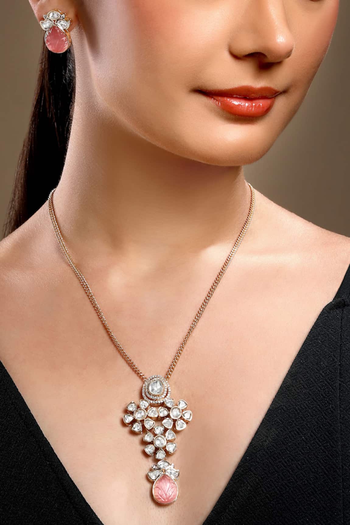 HRISHA Gold Pink Designer Necklace & Earring Set 
