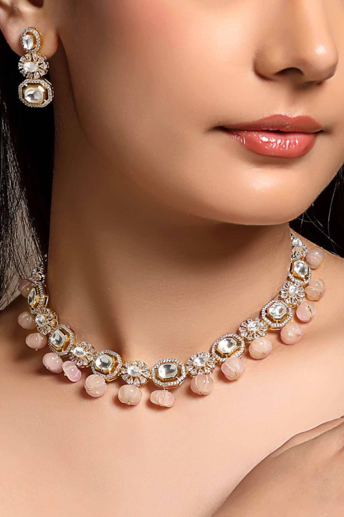 HRISHA Gold Pink Designer Necklace & Earring Set 