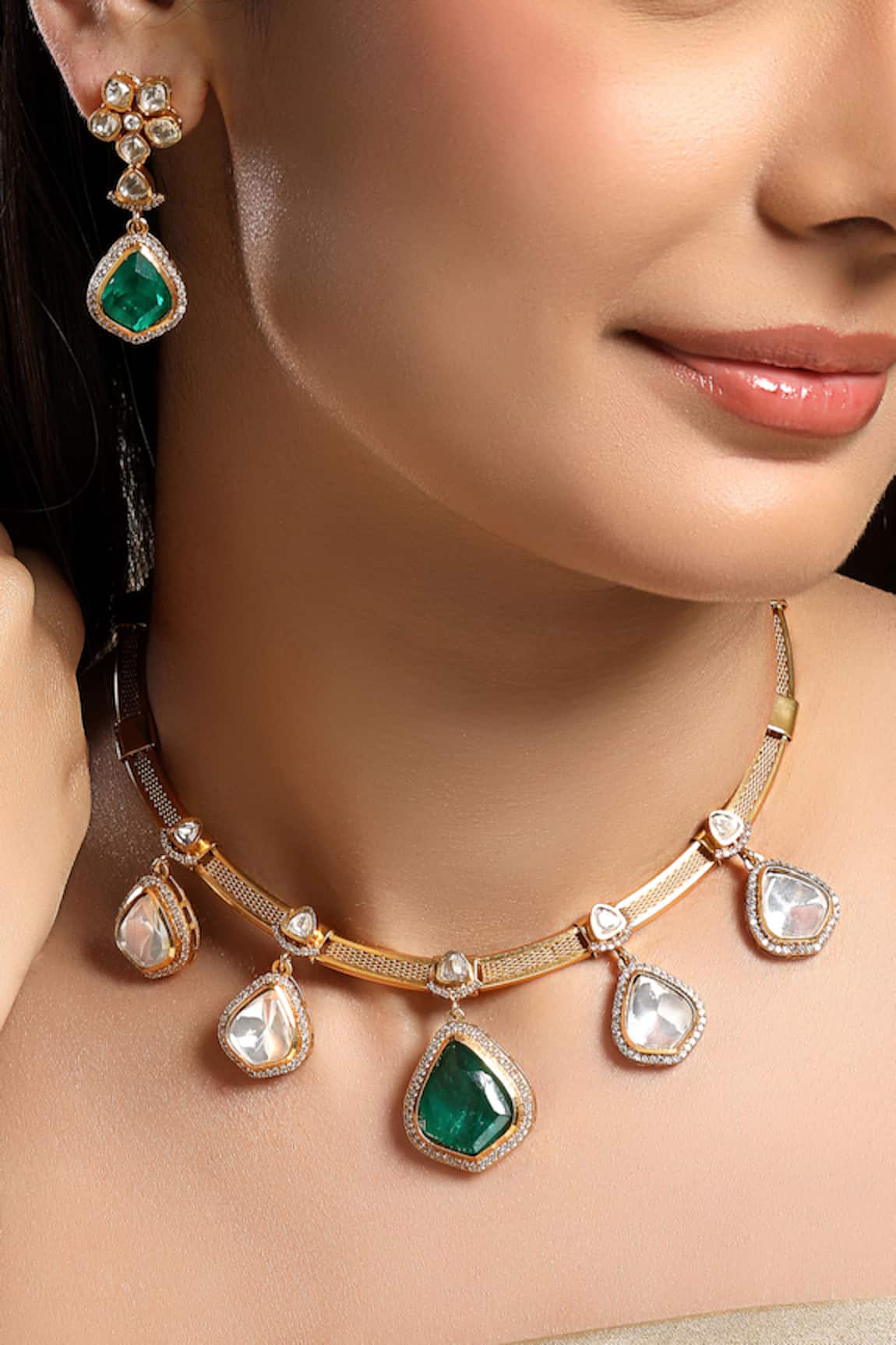 HRISHA Designer Green Gold Plated Jewelry Set 
