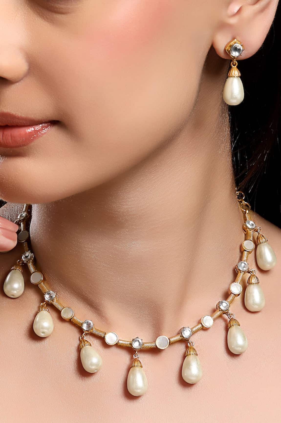 HRISHA Gold & Creamy White Designer Jewelry Set 