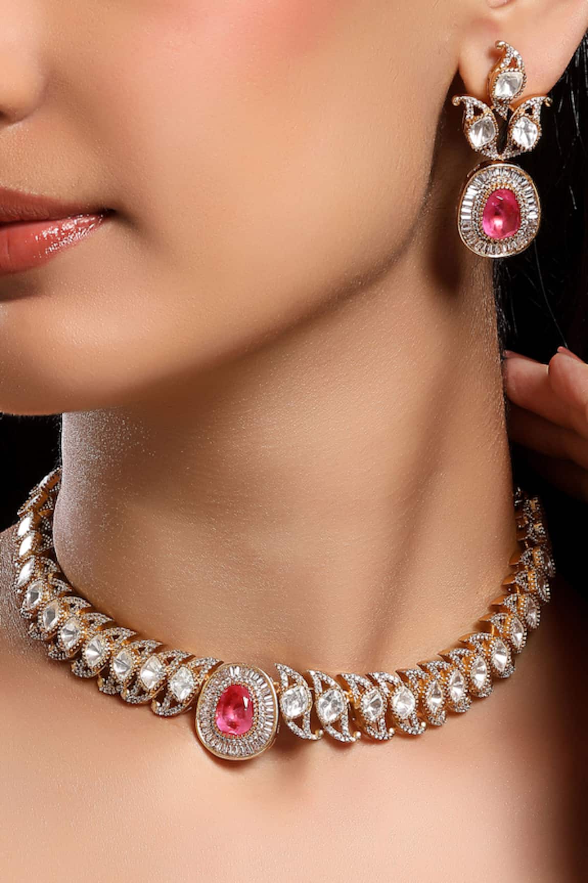 HRISHA Pink Kundan Polki Necklace & Earring Set 