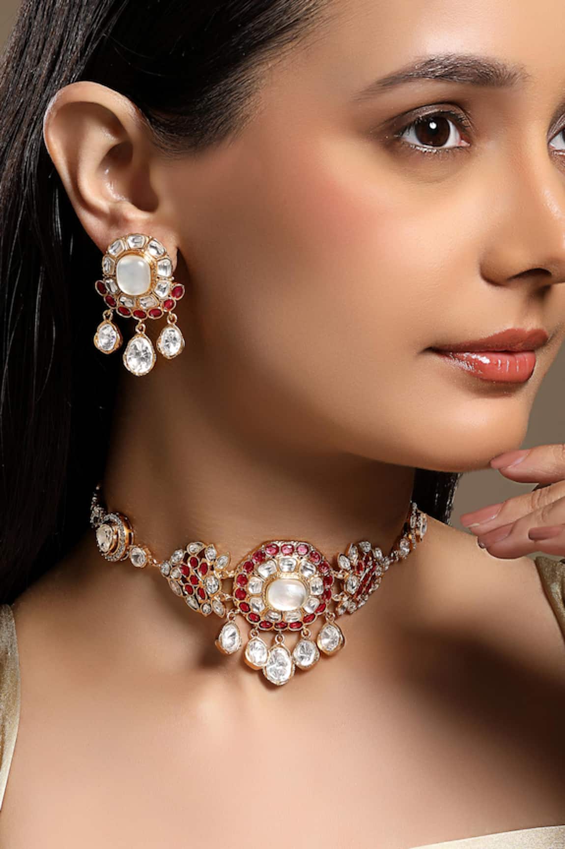 HRISHA Gold Pink Designer Necklace & Earring Set 