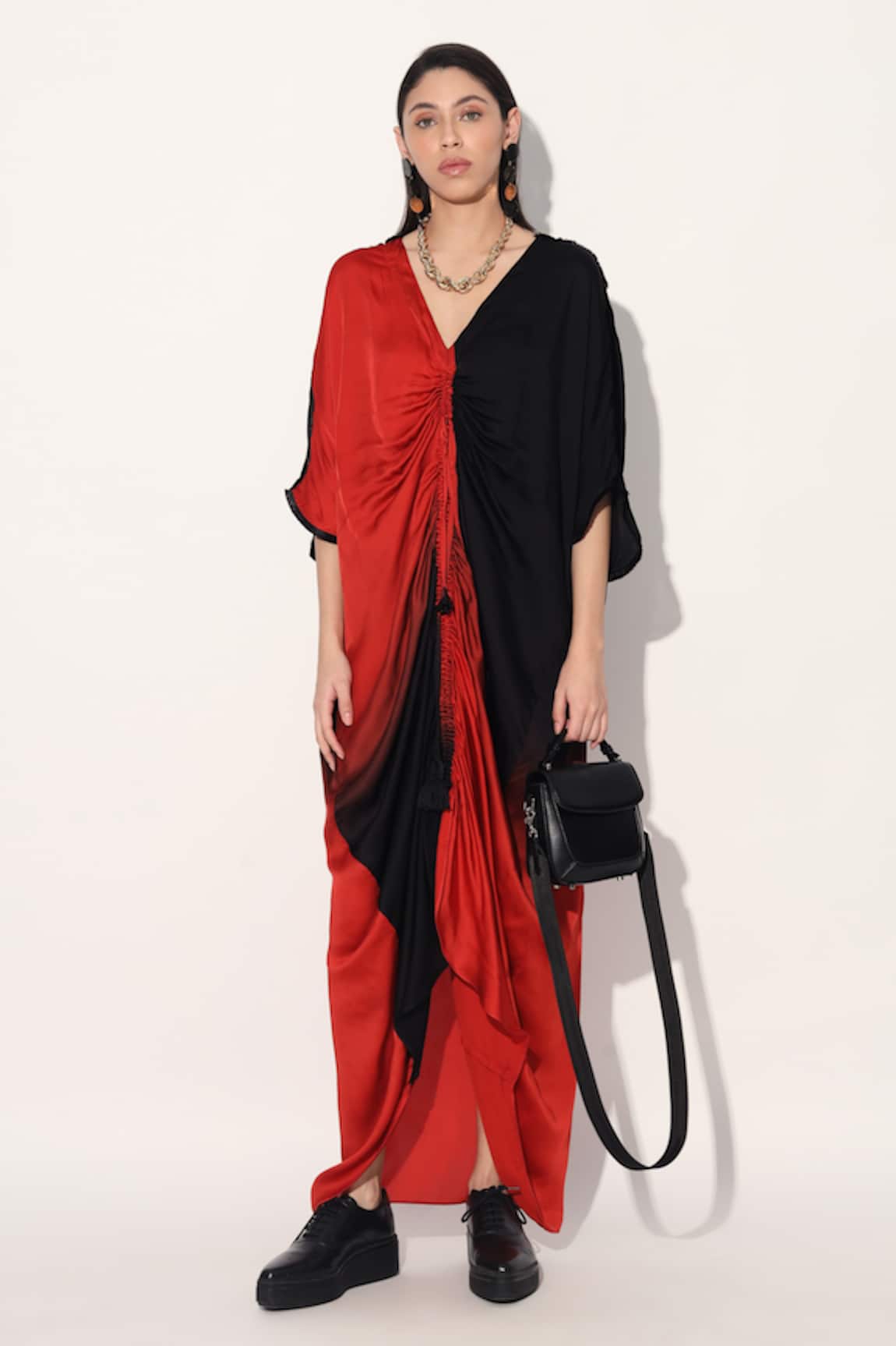 Linetribe_ Red & Black Viscose Satin Kaftan Dress 