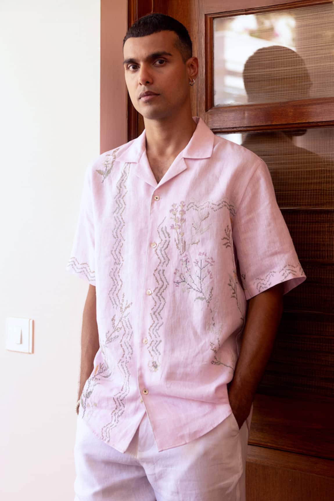 Asuka Baby Pink Embroidered Linen Half Shirt 