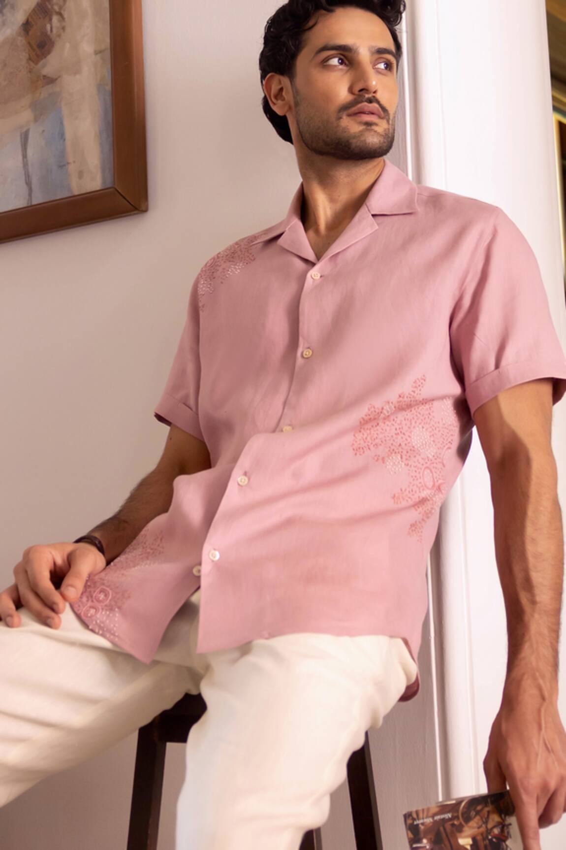 Asuka Dusty Pink Linen Embroidered Shirt 