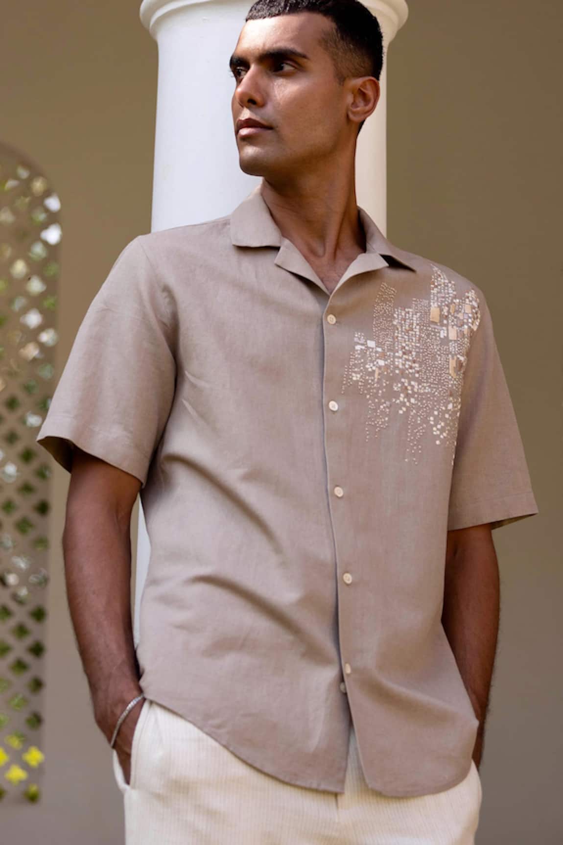 Asuka Dune Grid Linen Embroidered Shirt 