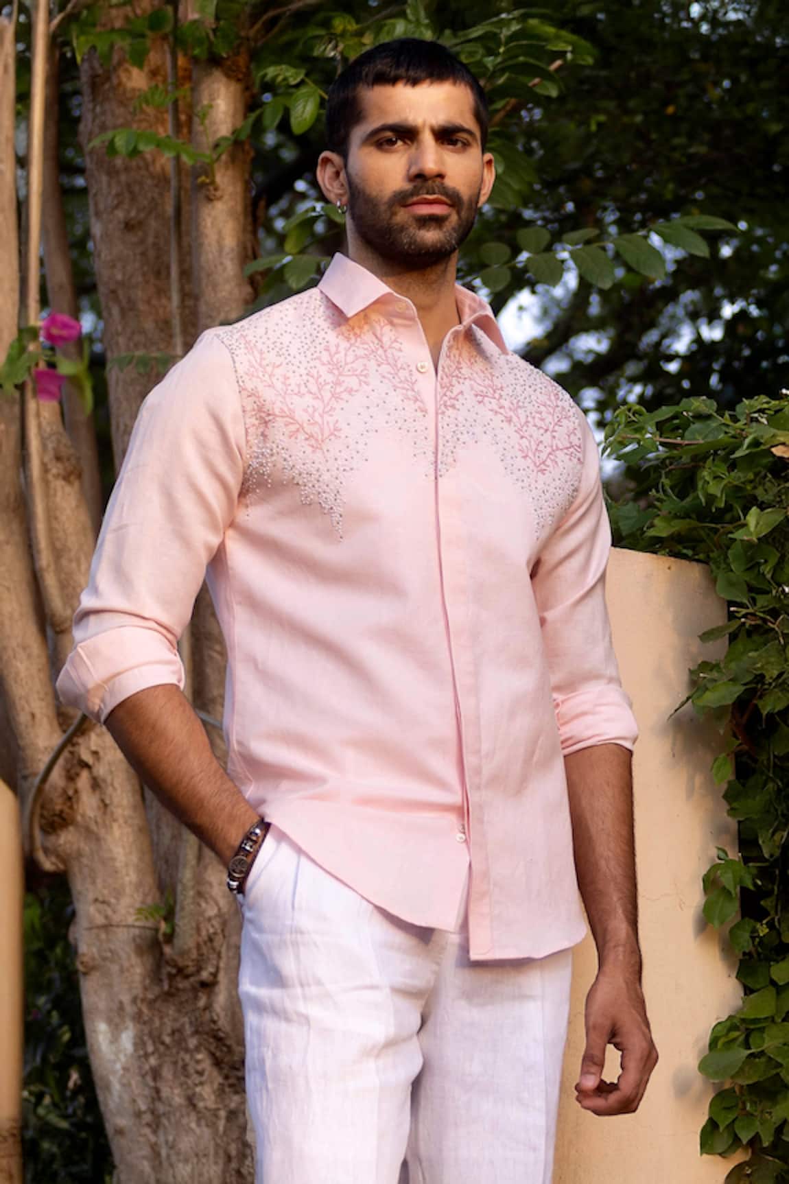 Asuka Coral Bloom Linen Embroidered Shirt 