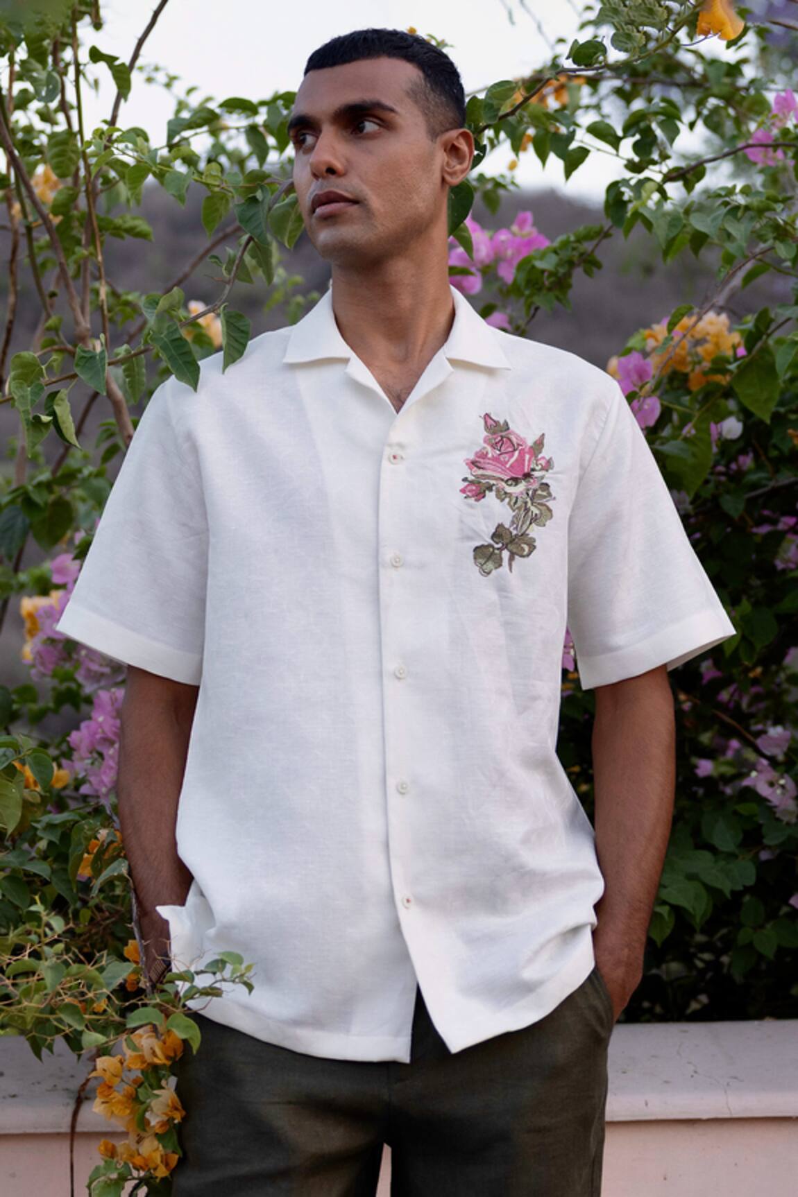 Asuka Cuban-Collar Linen Embroidered Shirt 