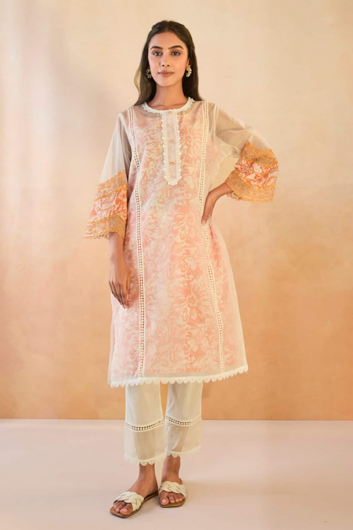 Nero India Orange Floral Embroidered Kurta Set 