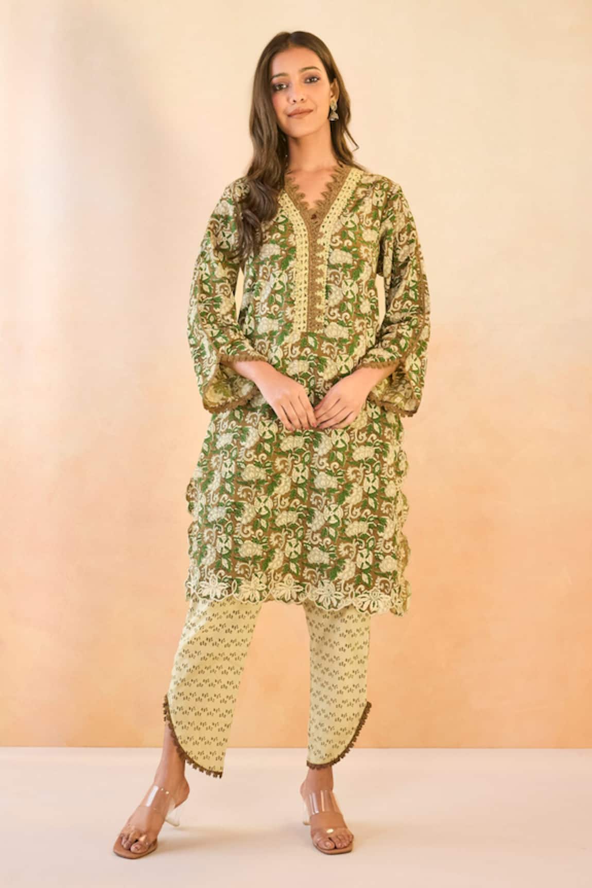 Nero India Olive Petal Scallop Cotton Kurta & Pant Set 