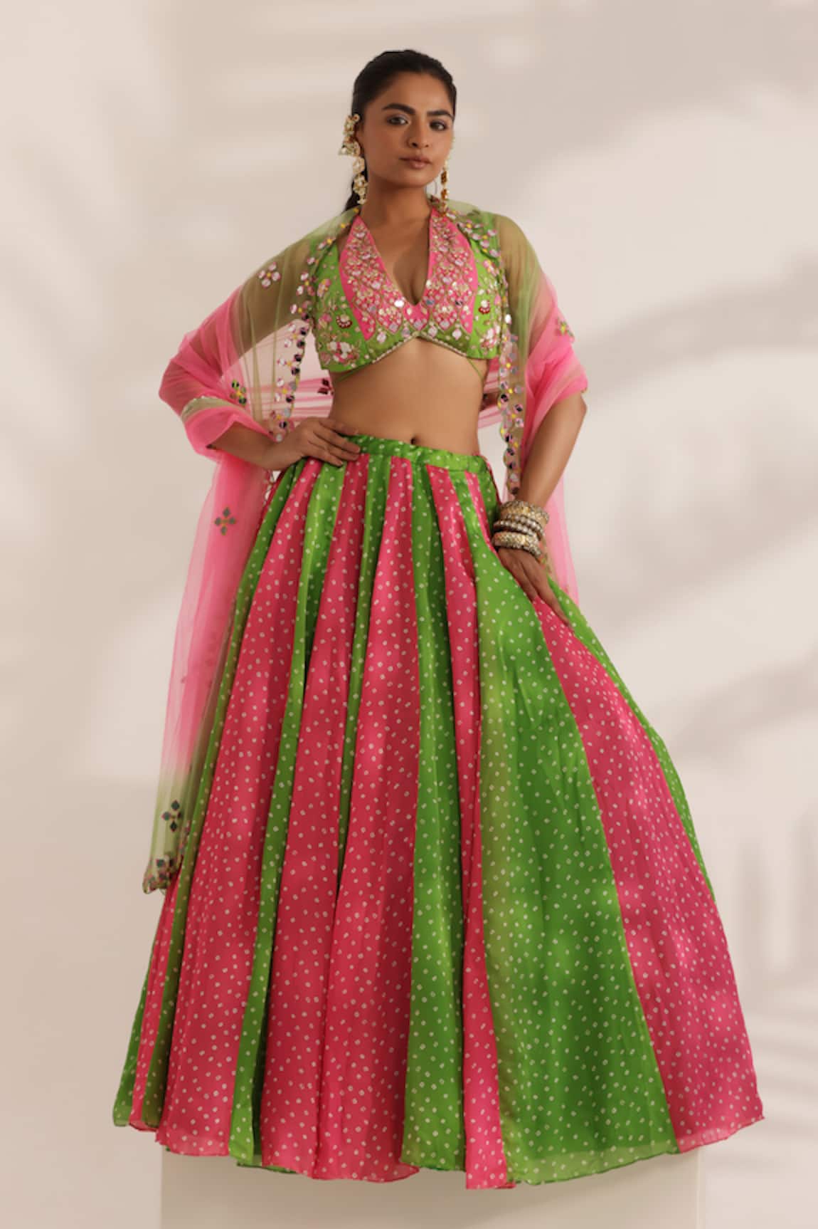 Manisha Soni Couture Mirror Embroidered Bandhani Lehenga Set 