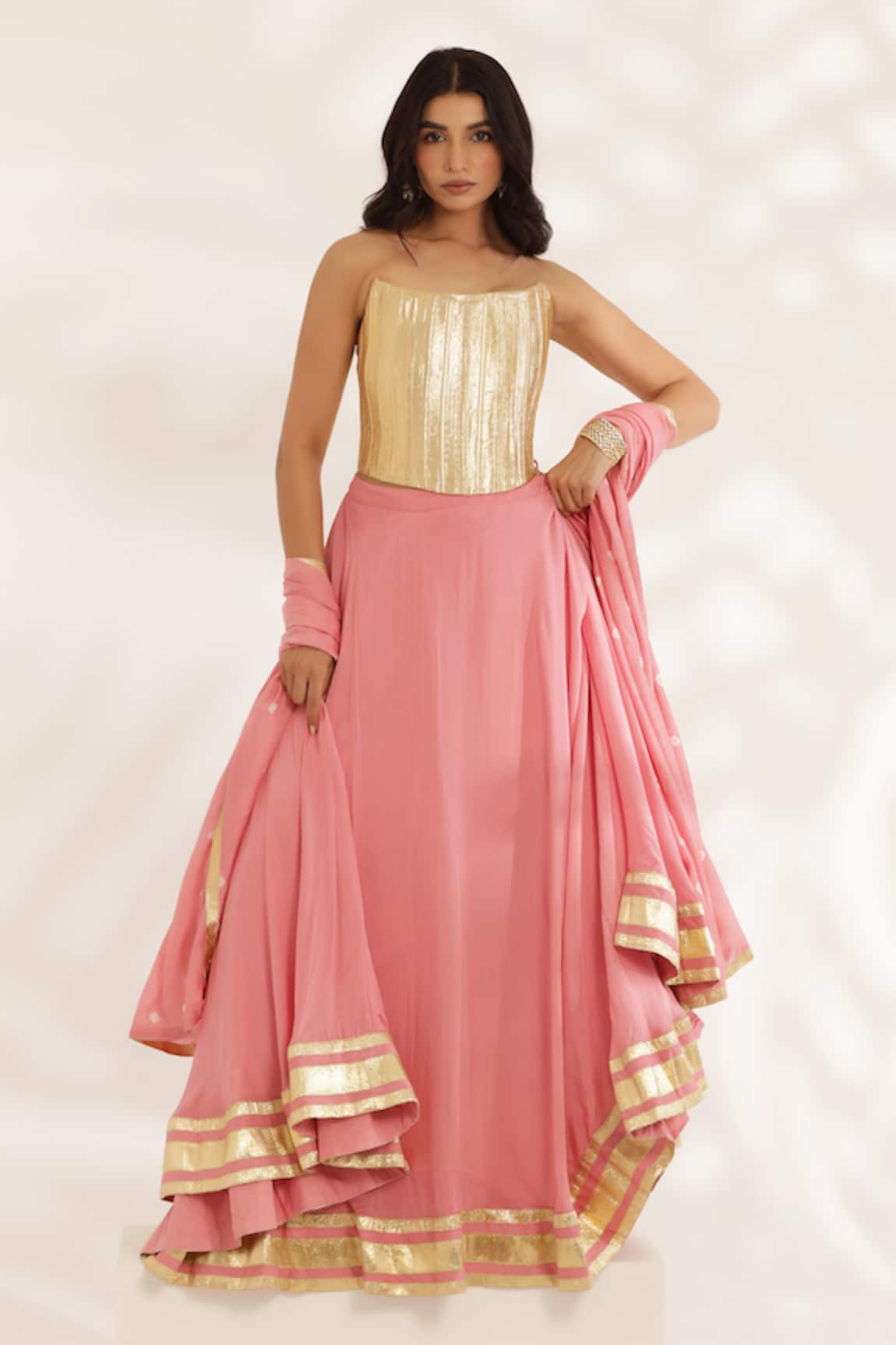 Manisha Soni Couture Coral Peach Bandhani Lehenga Set 