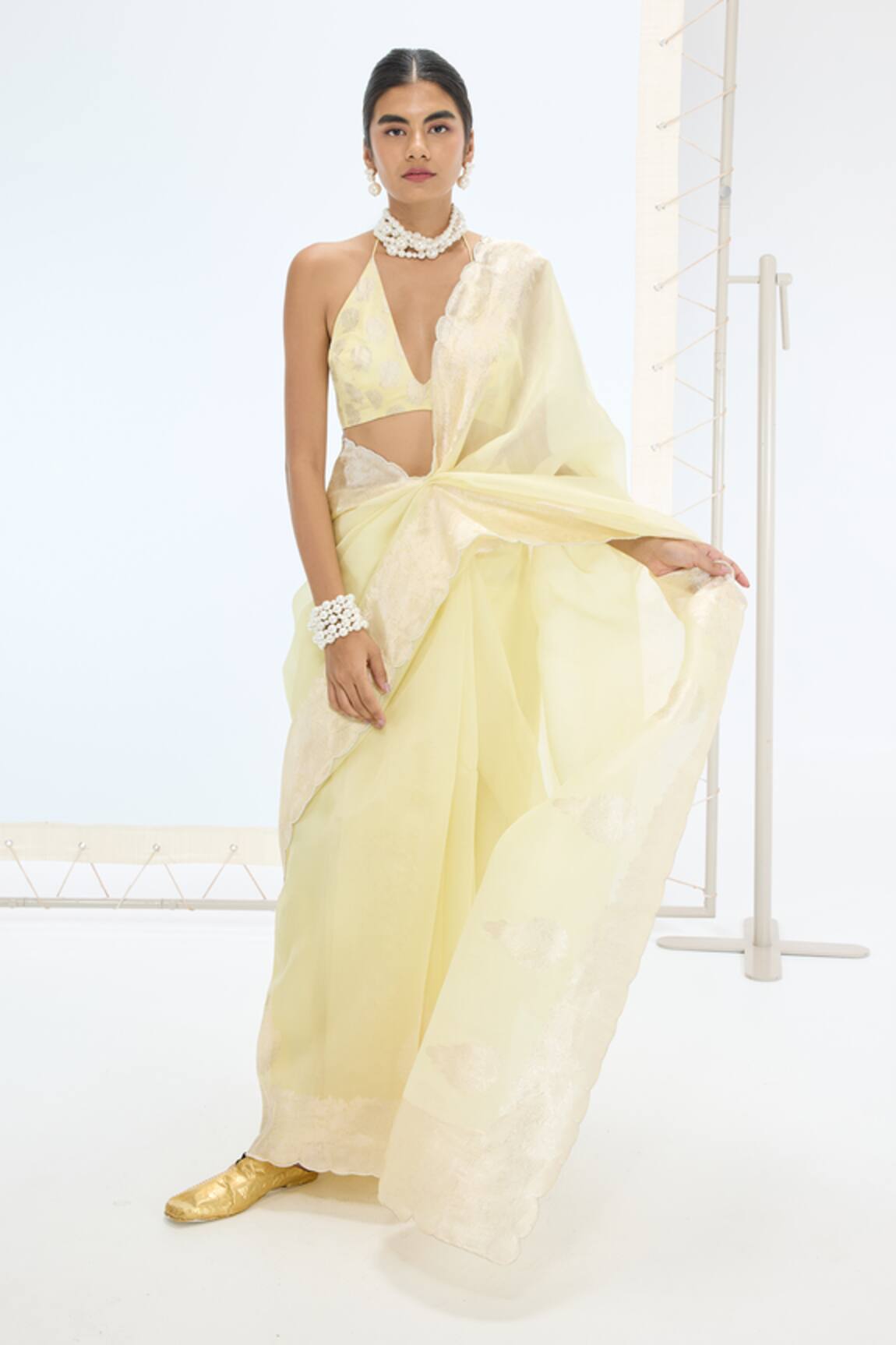 Ekaya Banaras Designer Lemon Saree & Unstitched Blouse 