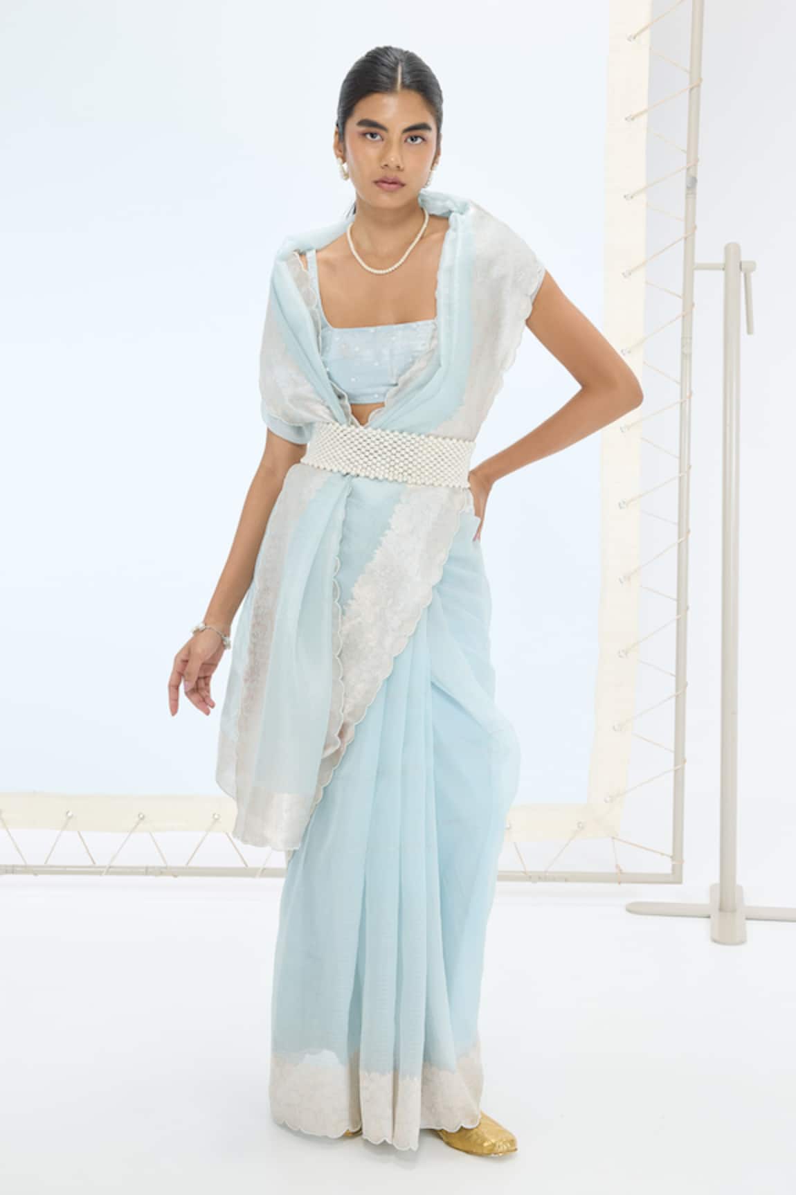 Ekaya Banaras Handwoven Striped Organza Saree Set 