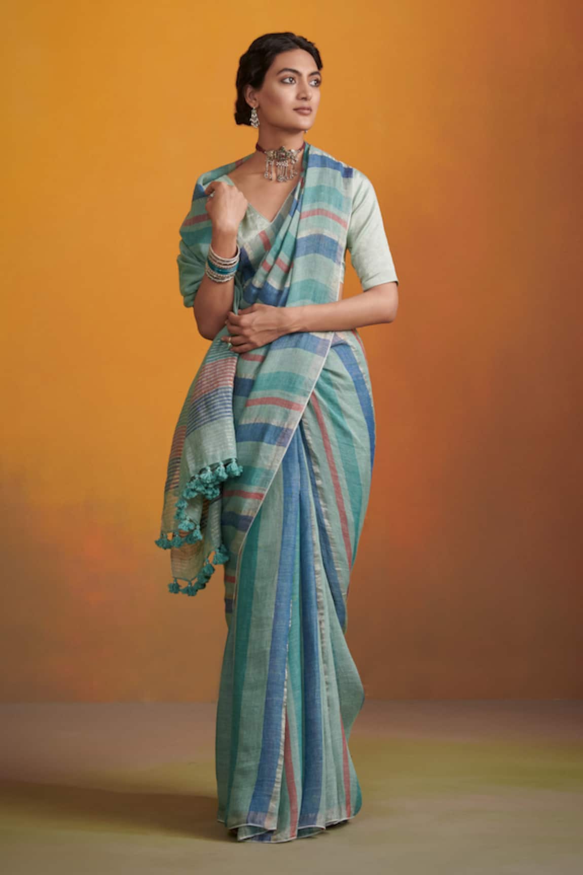 Dressfolk Handloom Linen Green & Blue Saree Set 