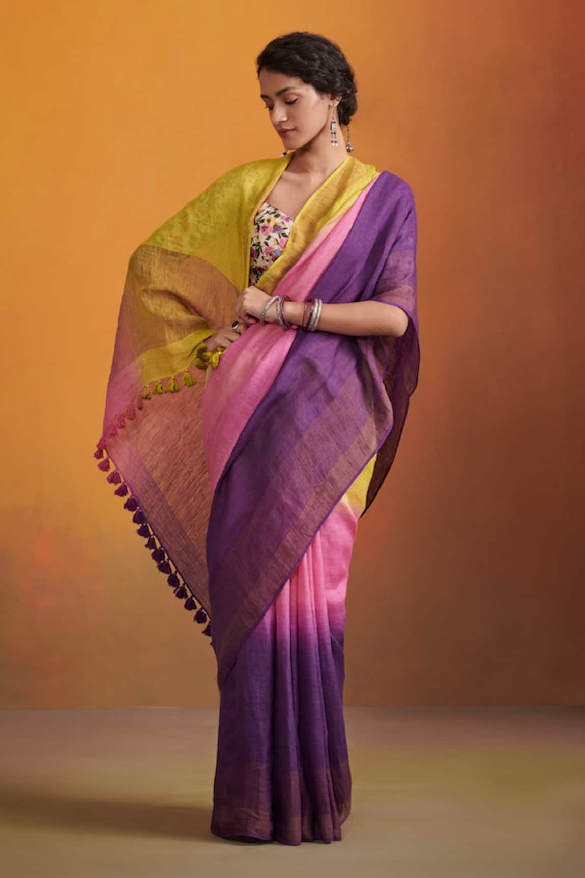 Dressfolk Lime Green & Purple Handloom Saree Set 