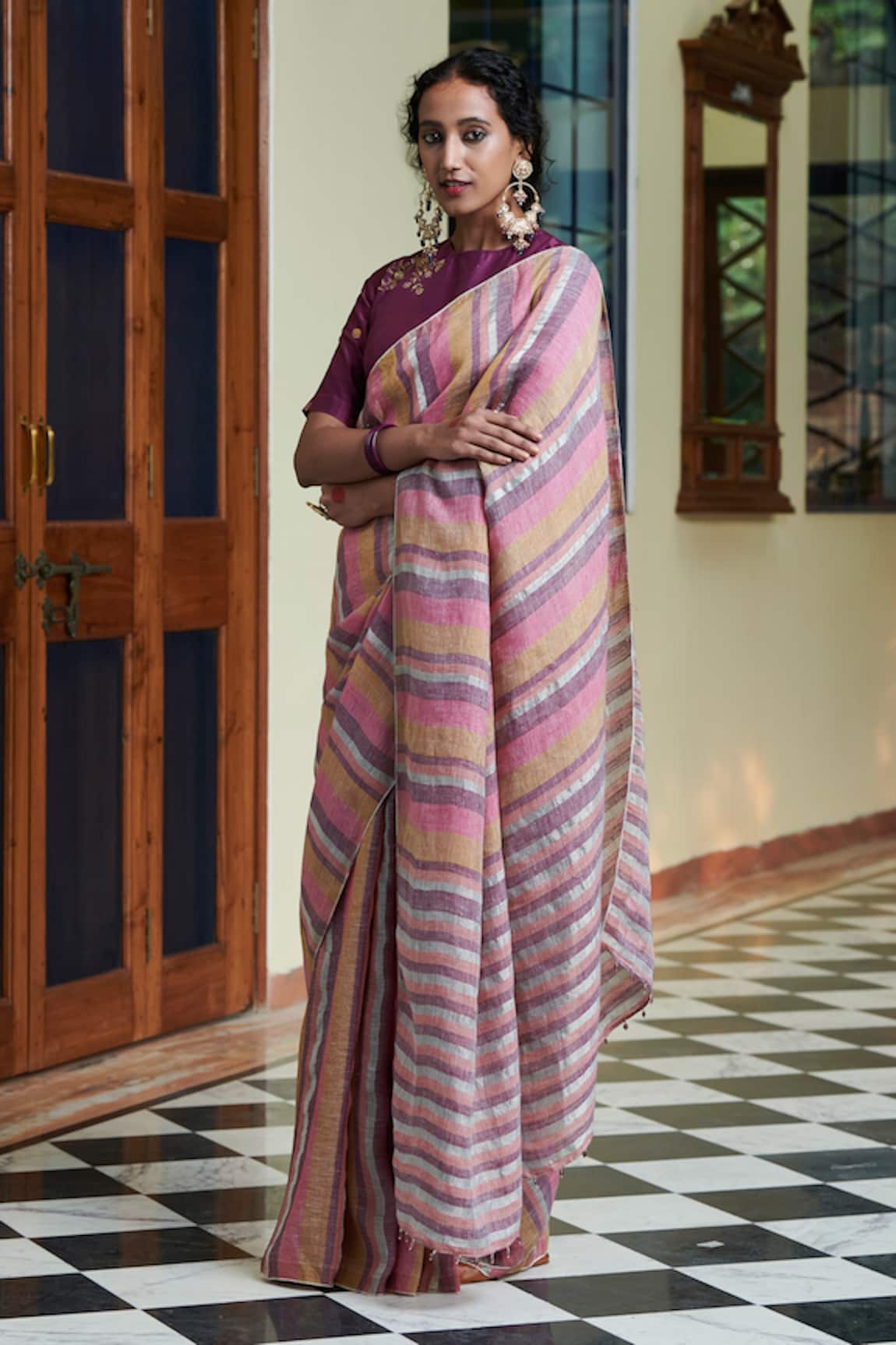 Dressfolk Handloom Linen Purple & Pink Saree Set 