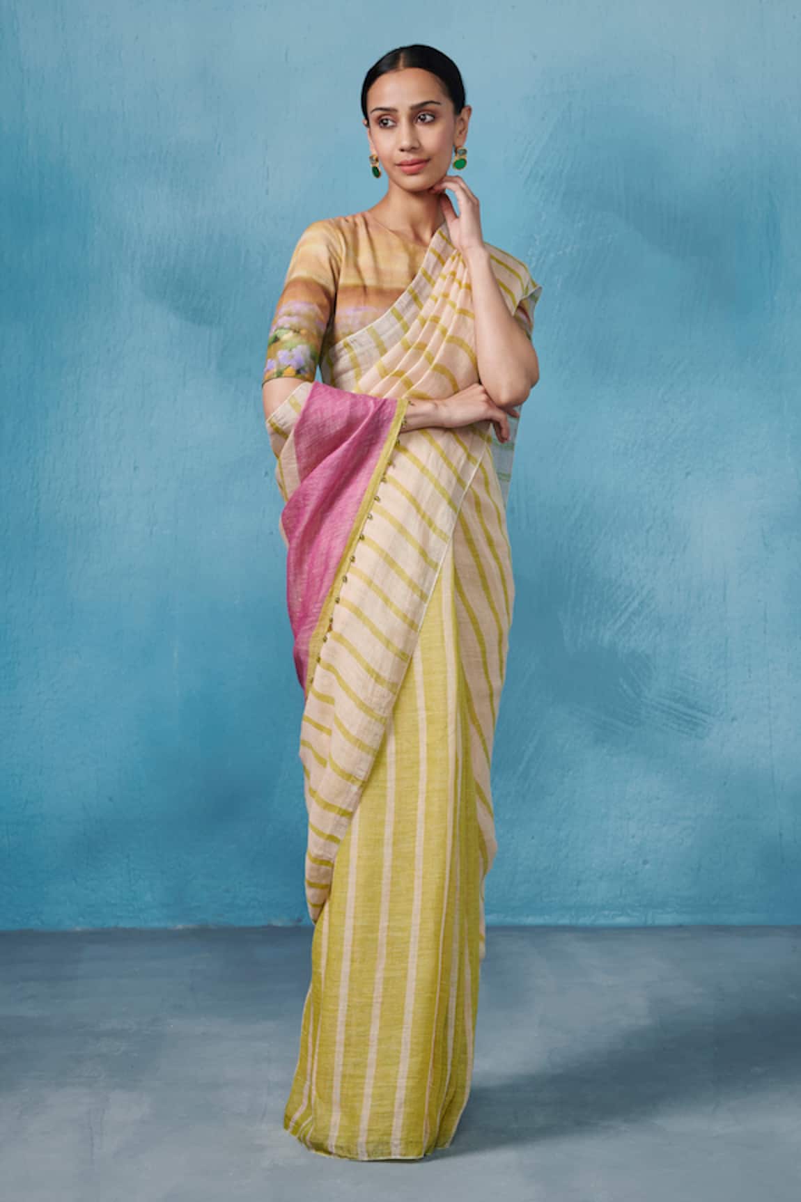 Dressfolk Light Green & Peach Handloom Linen Saree 