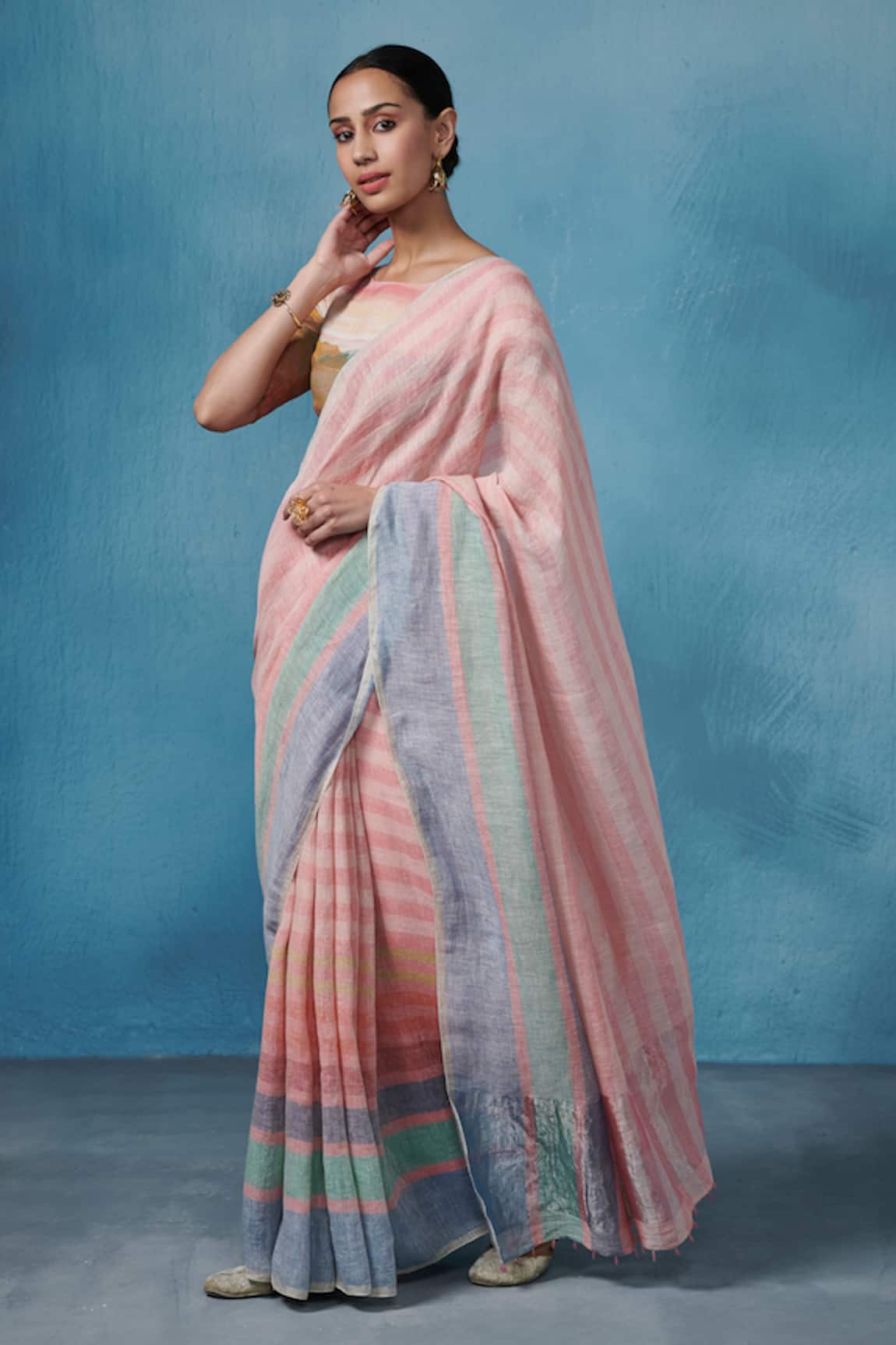 Dressfolk Pink Multi-Color Handloom Linen Saree 