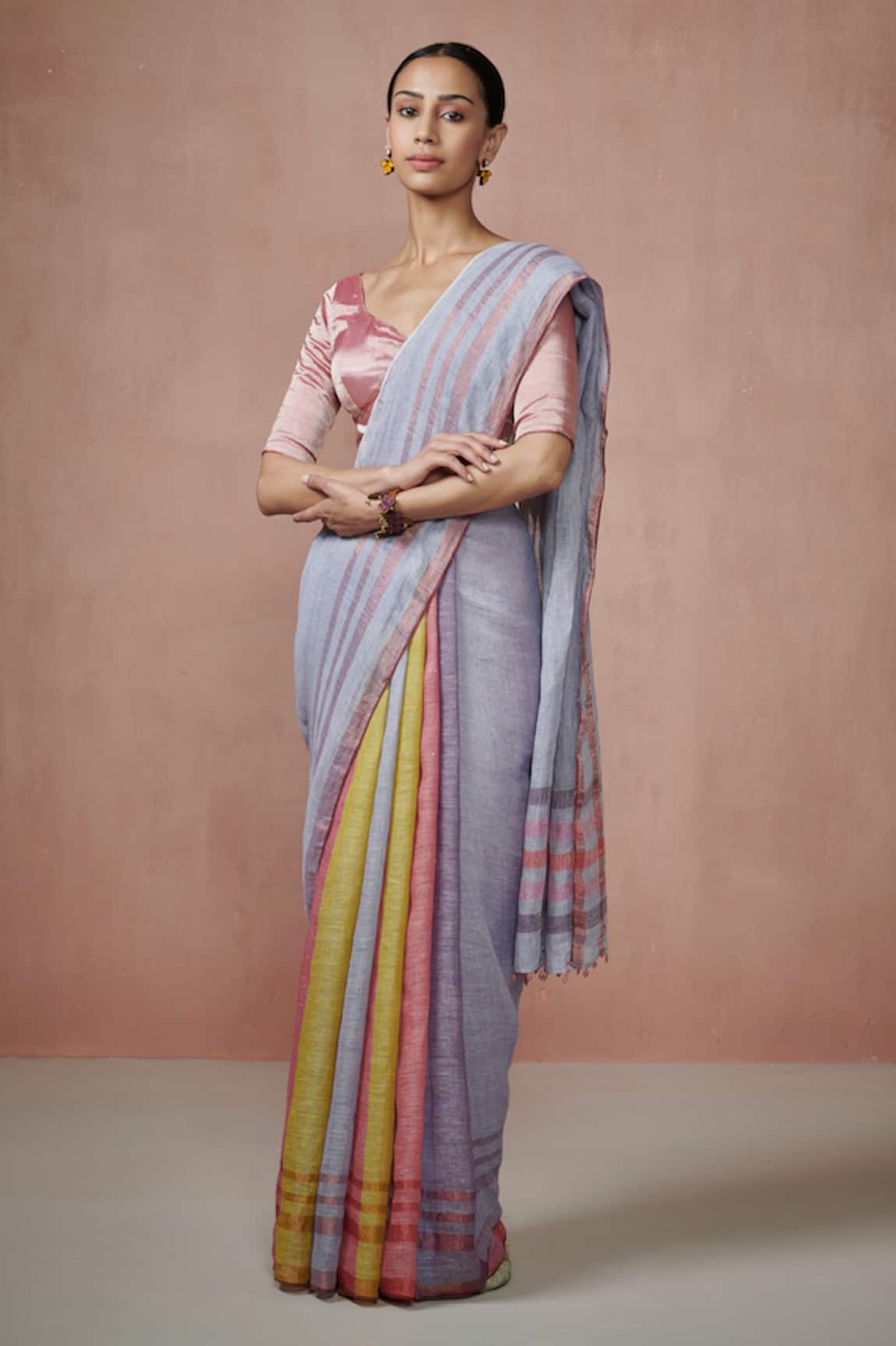 Dressfolk Multi-Color Handloom Linen Saree Set 