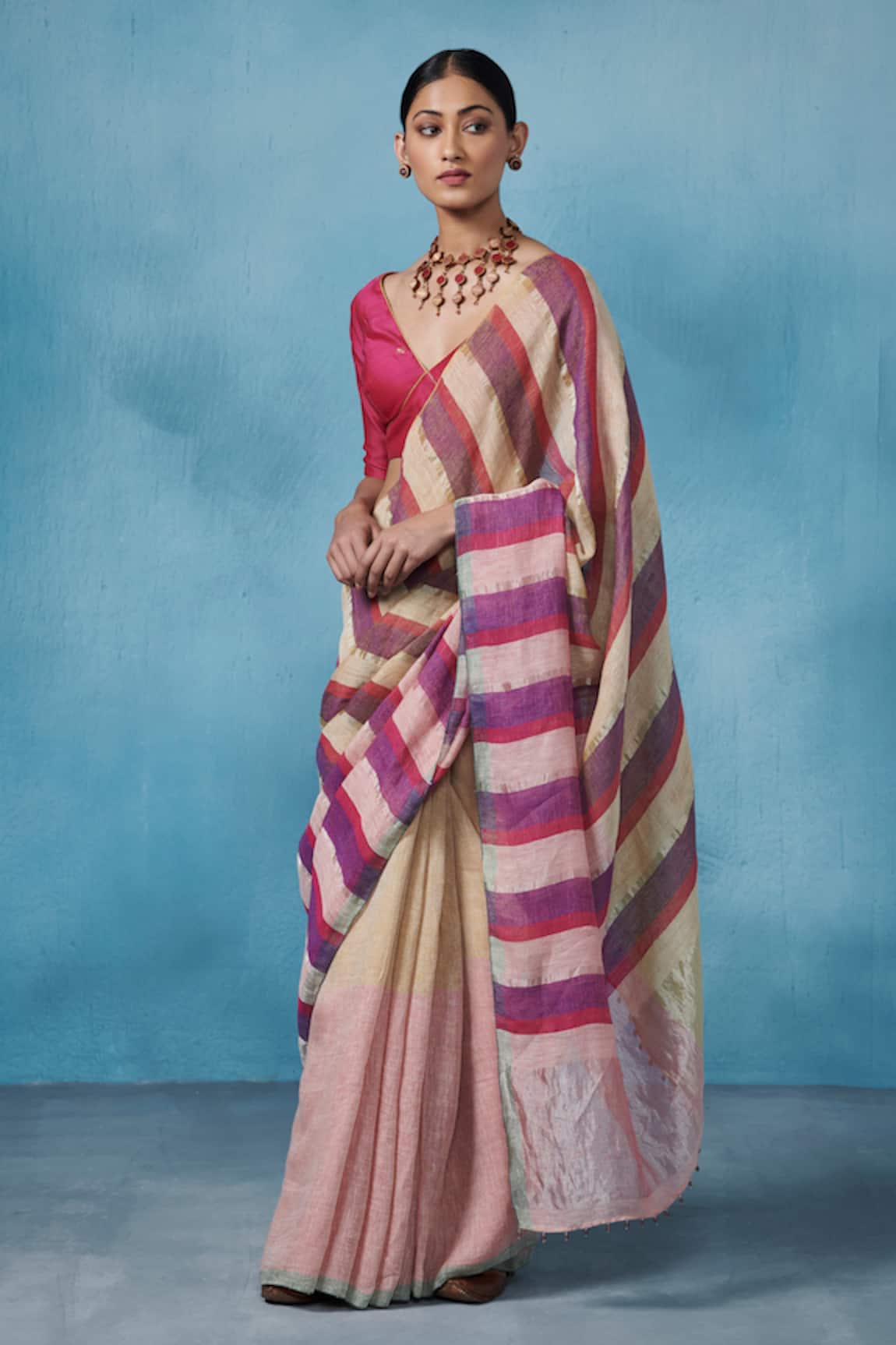 Dressfolk Multi-Color Handloom Linen Saree Set 