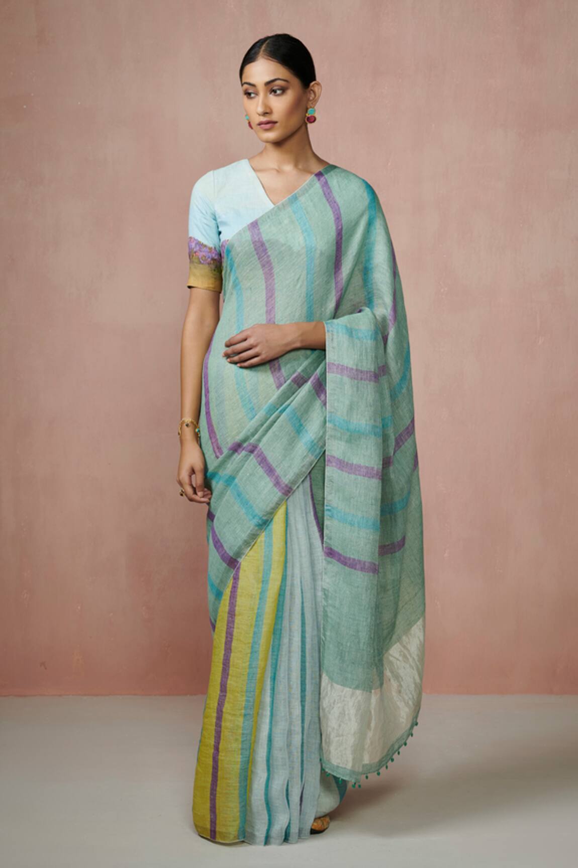 Dressfolk Handloom Linen Blue Saree With Blouse 