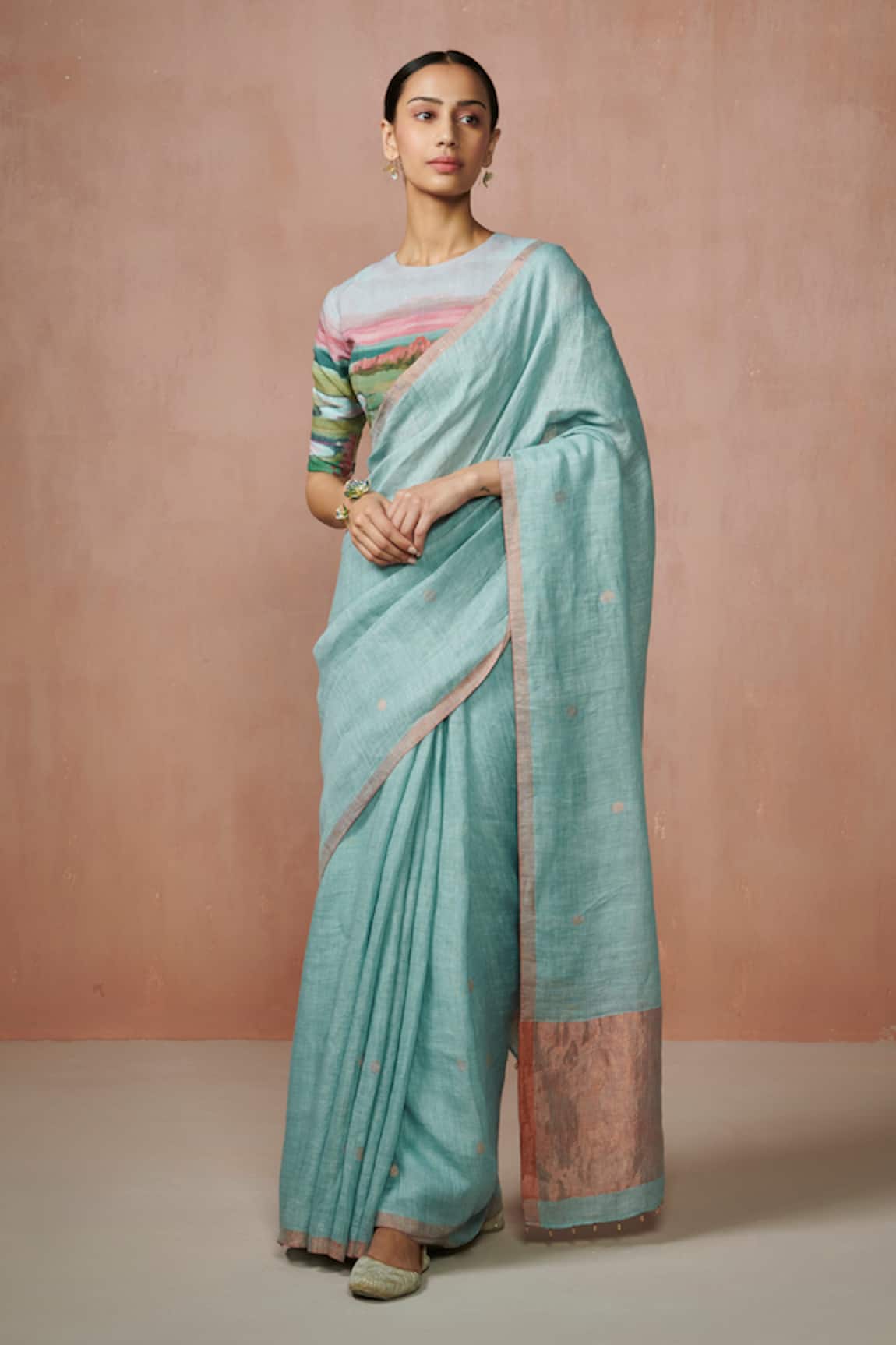 Dressfolk Handloom Linen Blue Saree Set 