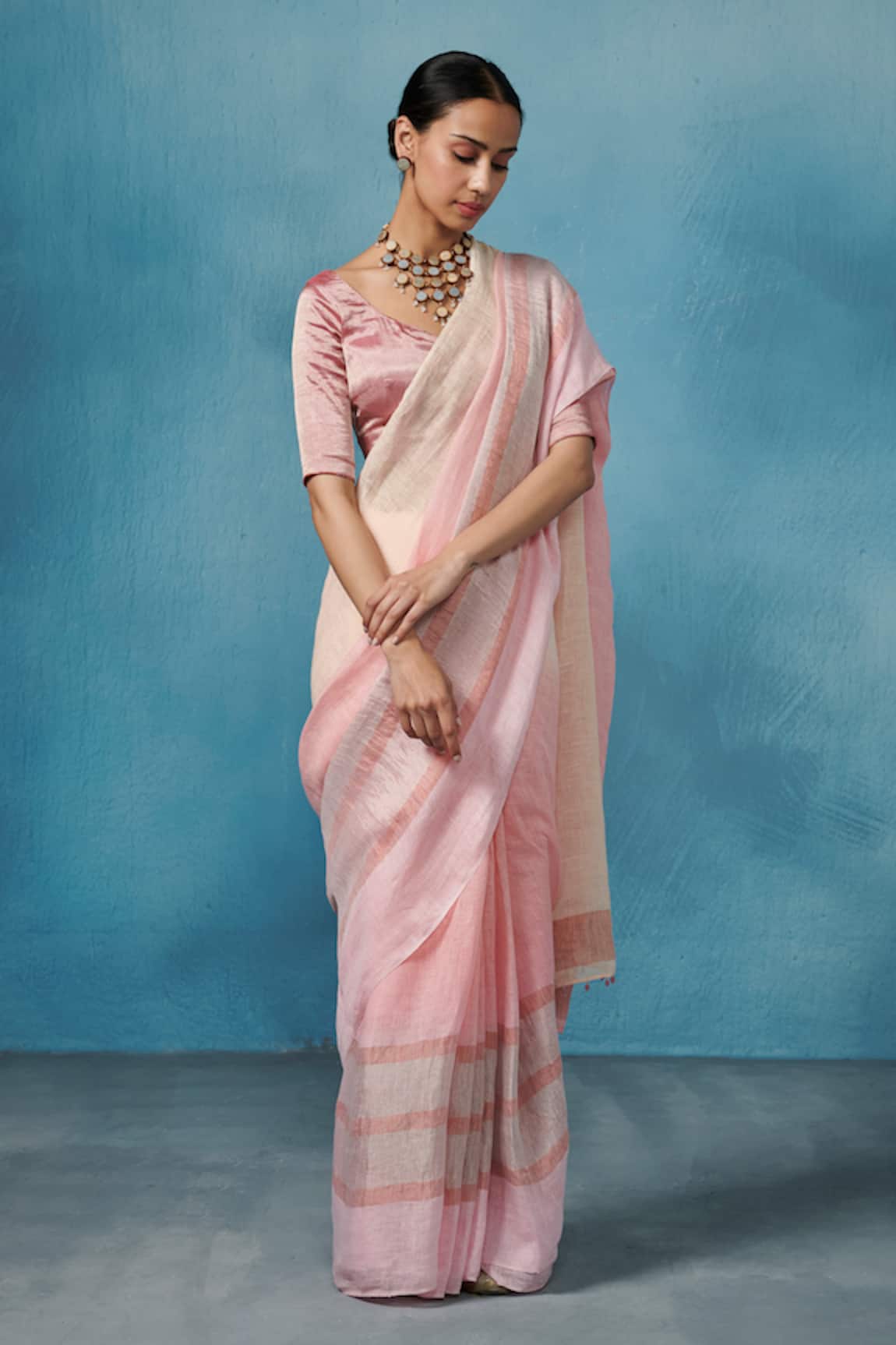 Dressfolk Handloom Linen Pink Saree Set 