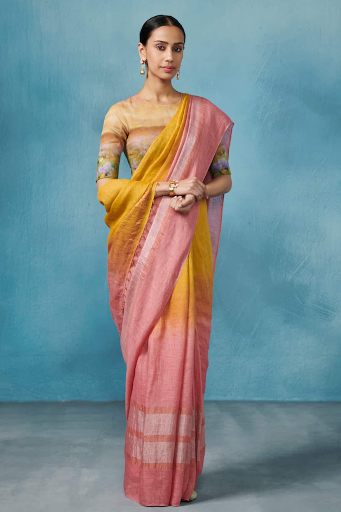 Dressfolk Handloom Linen Pink & Yellow Saree Set 