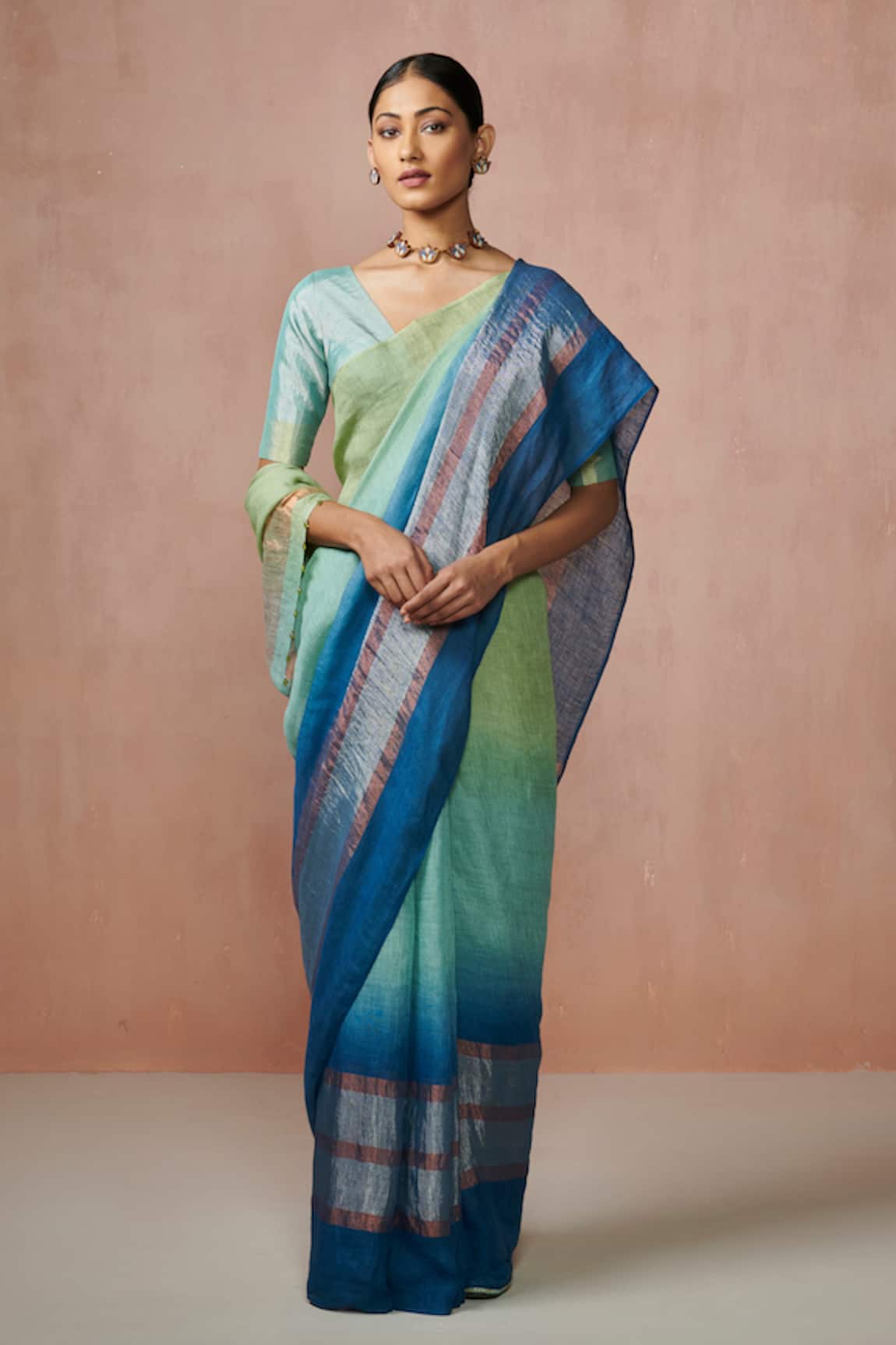 Dressfolk Handloom Linen Designer Saree Set 