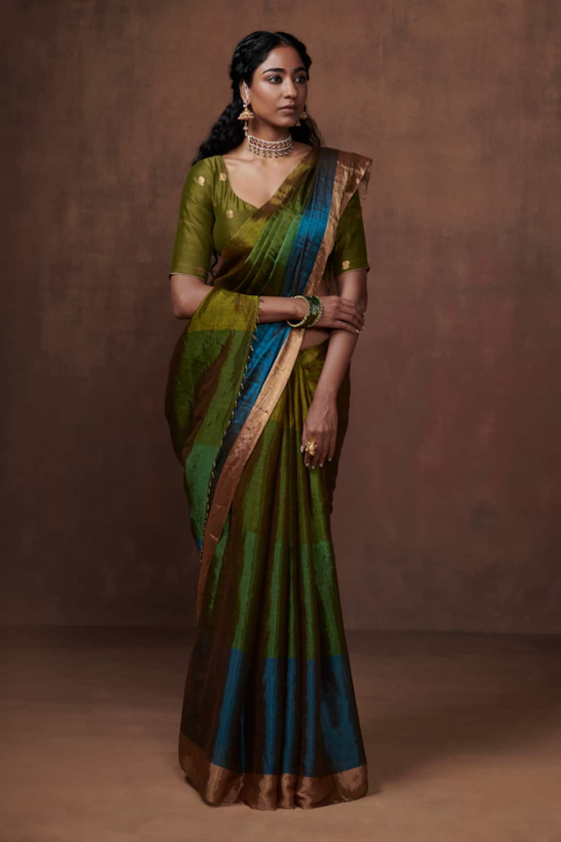 Dressfolk Handloom Tissue Green & Olive Saree Set 