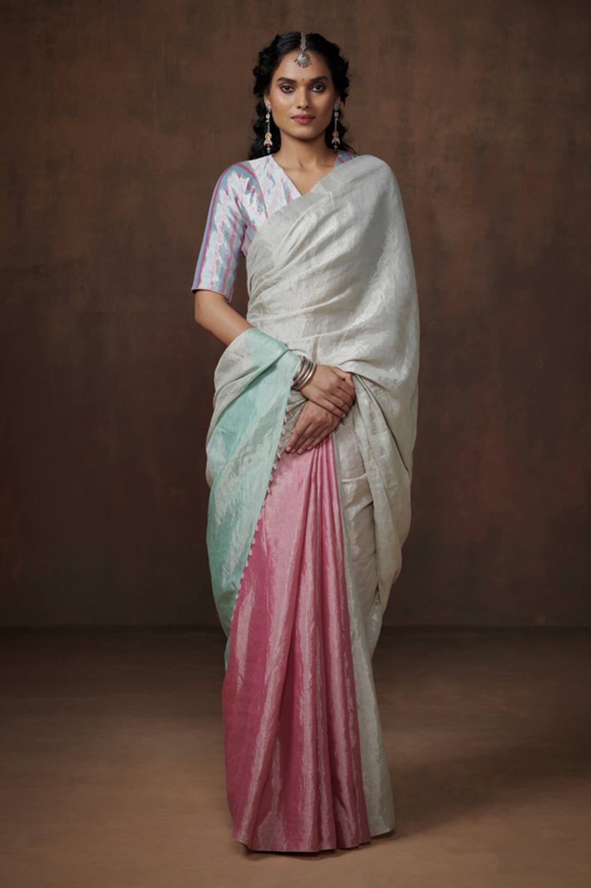 Dressfolk Handloom Tissue Pink Saree With Blouse 