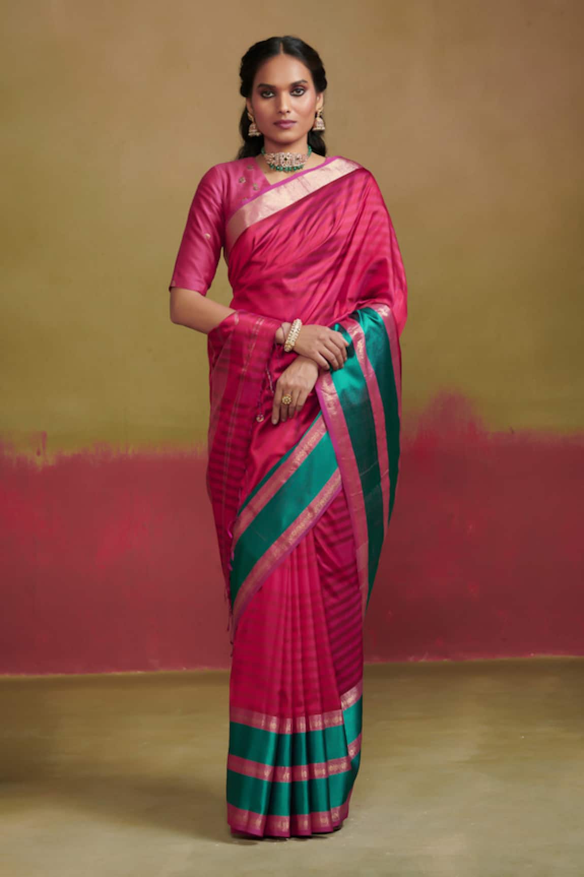 Dressfolk Pink Handloom Silk Saree Set 