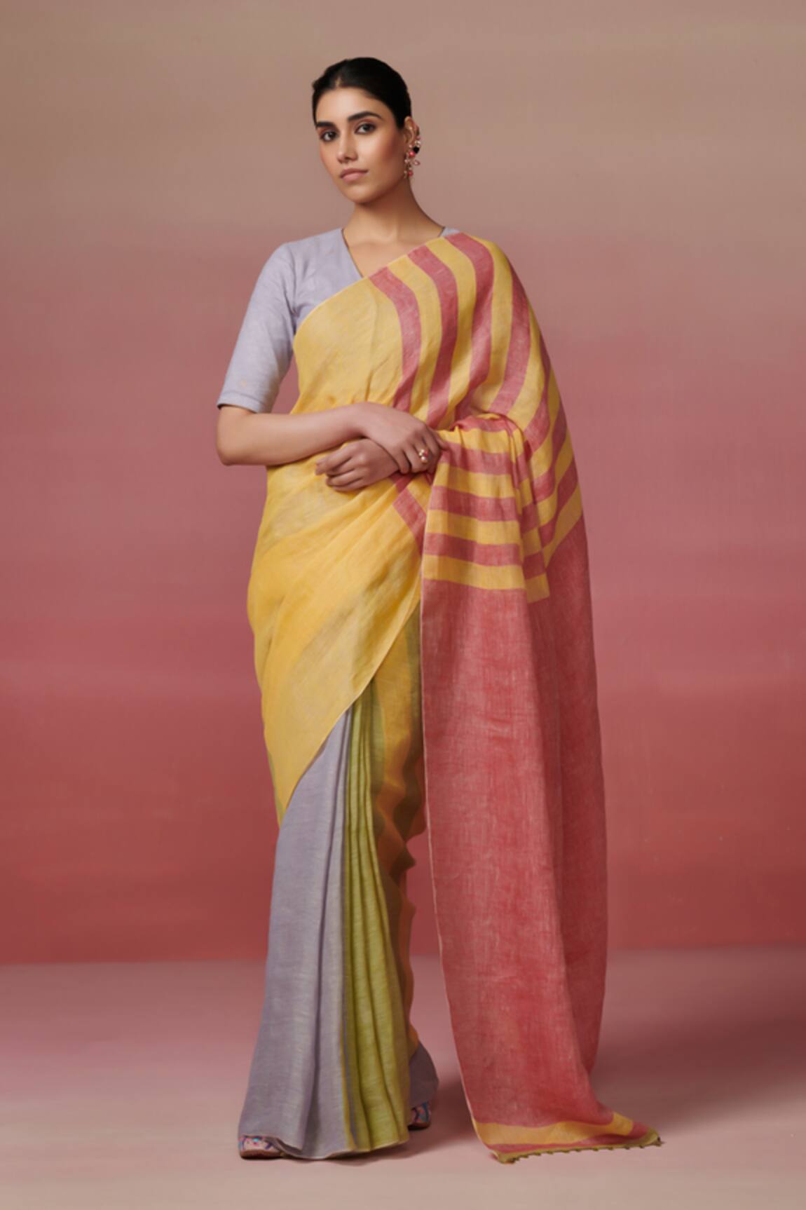 Dressfolk Multi-Coloured Handloom Linen Saree Set 