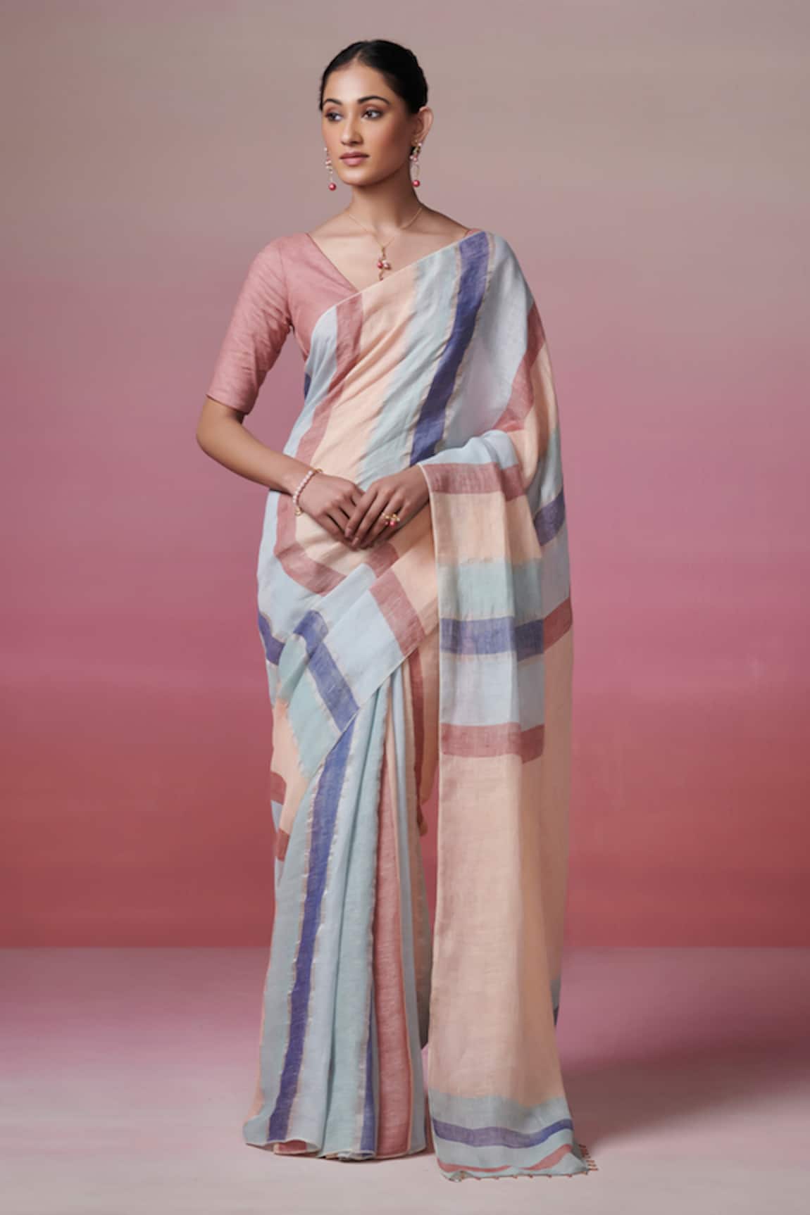 Dressfolk Peach & Powder Blue Handloom Saree Set 