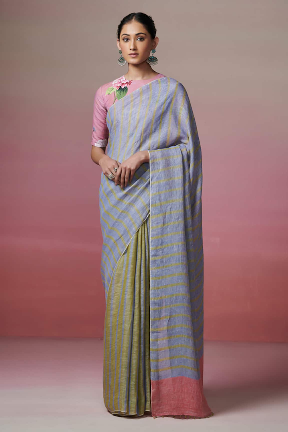 Dressfolk Green & Blue Handloom Linen Saree Set 