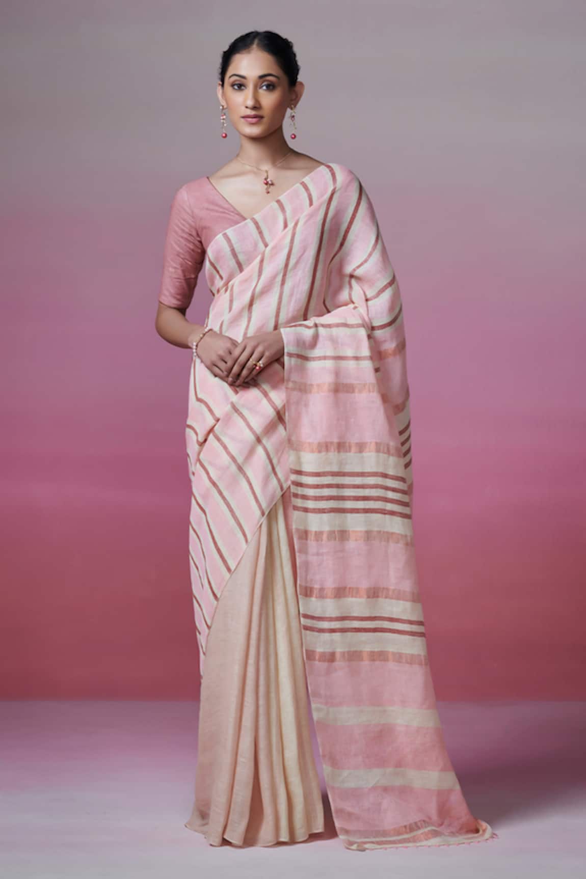 Dressfolk Beige & Powder Pink Handloom Saree Set 